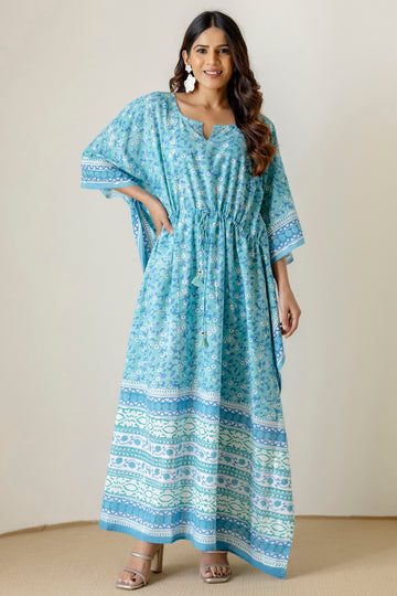 Block Print Cotton Kaftan with Adjustable Drawstring Waist