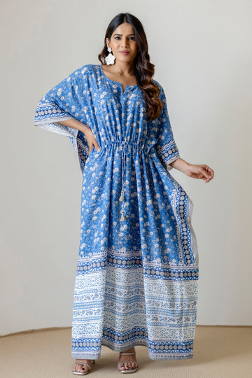 Block Print Cotton Kaftan with Adjustable Drawstring Waist