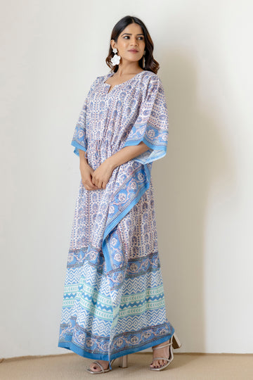 Block Print Cotton Kaftan with Adjustable Drawstring Waist