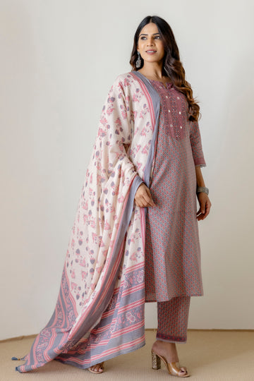 Grey Cotton Kurta Set with Printed mulmul Dupatta
