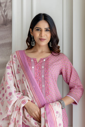 Pink Cotton Kurta Set with Printed mulmul Dupatta
