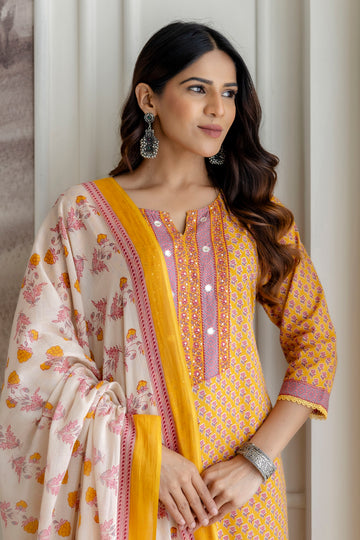 Mustard Cotton Kurta Set with Printed mulmul Dupatta
