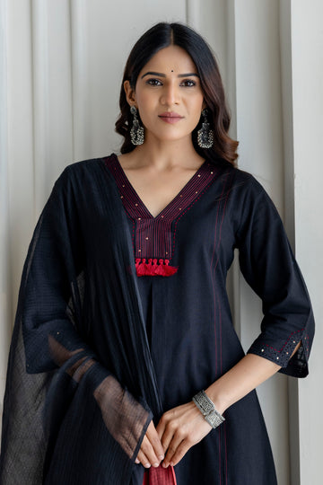 Black Cotton Slub Kurta Set with Red Ombre Dupatta