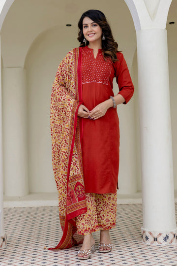 Cotton Slub Kurta Set in Red