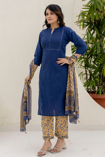 Cotton Slub Kurta Set in Blue