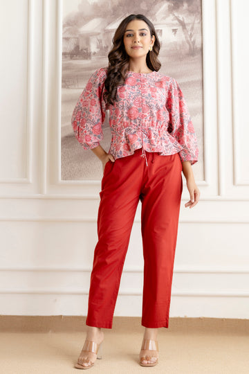 Floral Block Print Cotton Top with Adjustable Waist
