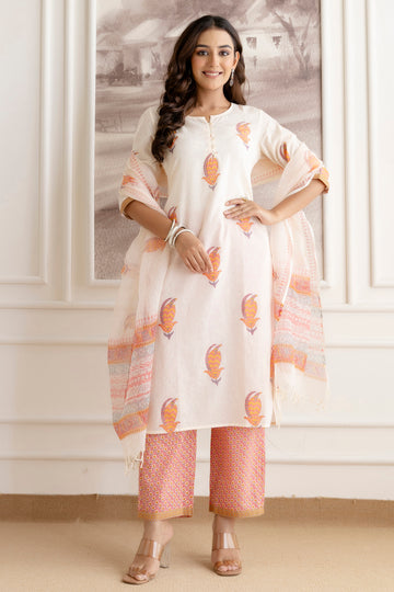 Off-White Cotton Suit Set with Multicolour Motifs & Dupatta