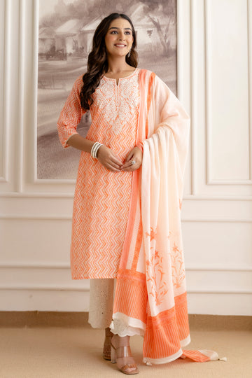Embroidery Cotton Suit Set With Chikan Plazzo