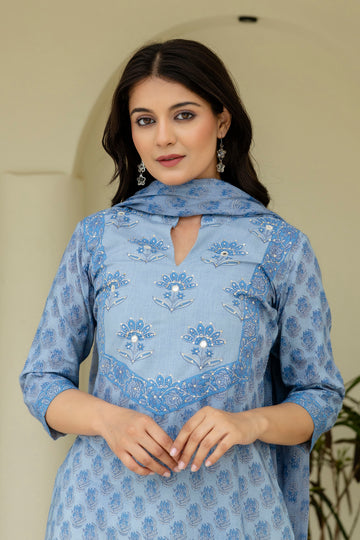 Cotton Booti Print Kurta Set In Blue