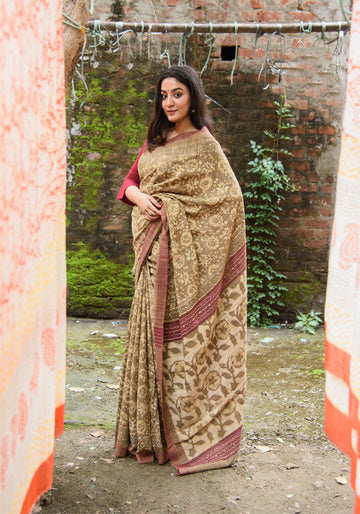 Tussar Silk Natural Dabu Print Saree