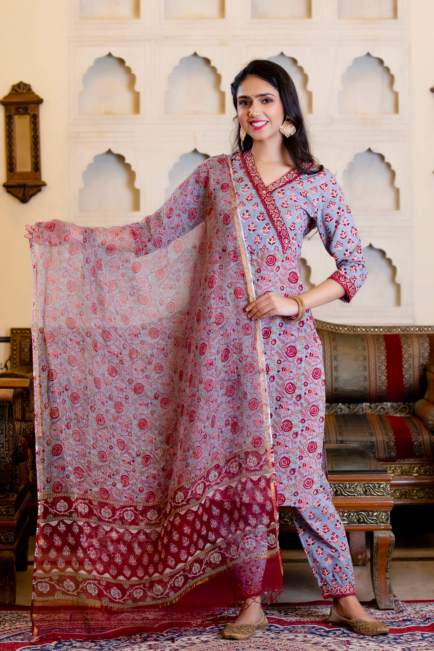 Block Printed Suit Set with Kota Doria Dupatta