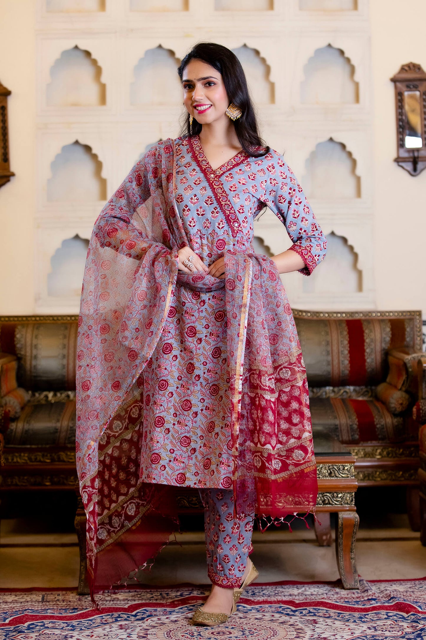 Block Printed Suit Set with Kota Doria Dupatta