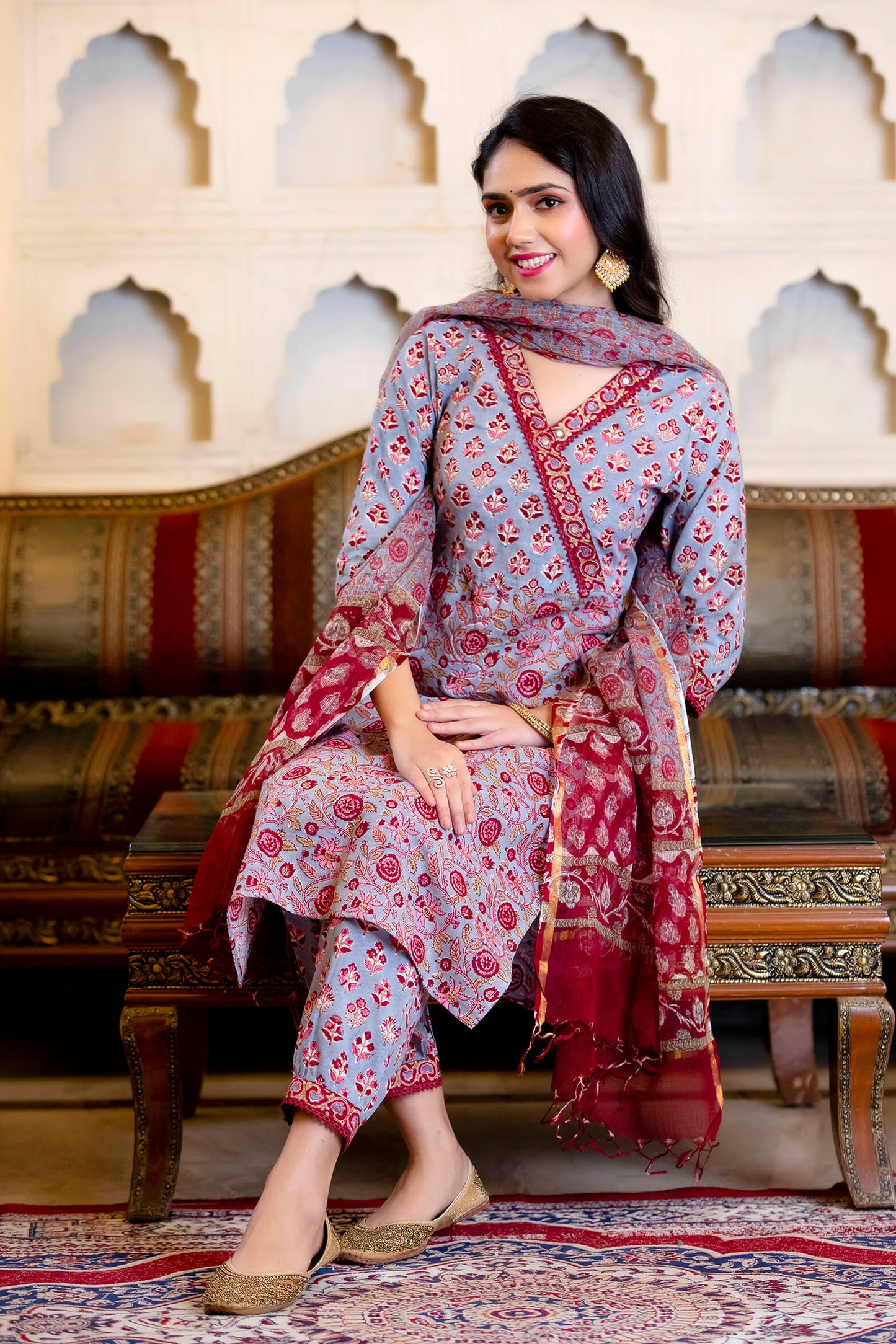 Block Printed Suit Set with Kota Doria Dupatta