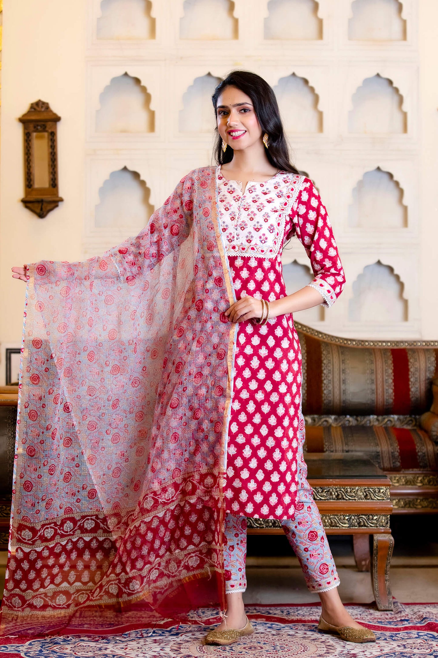 Block printed Suit Set with Kota Dupatta