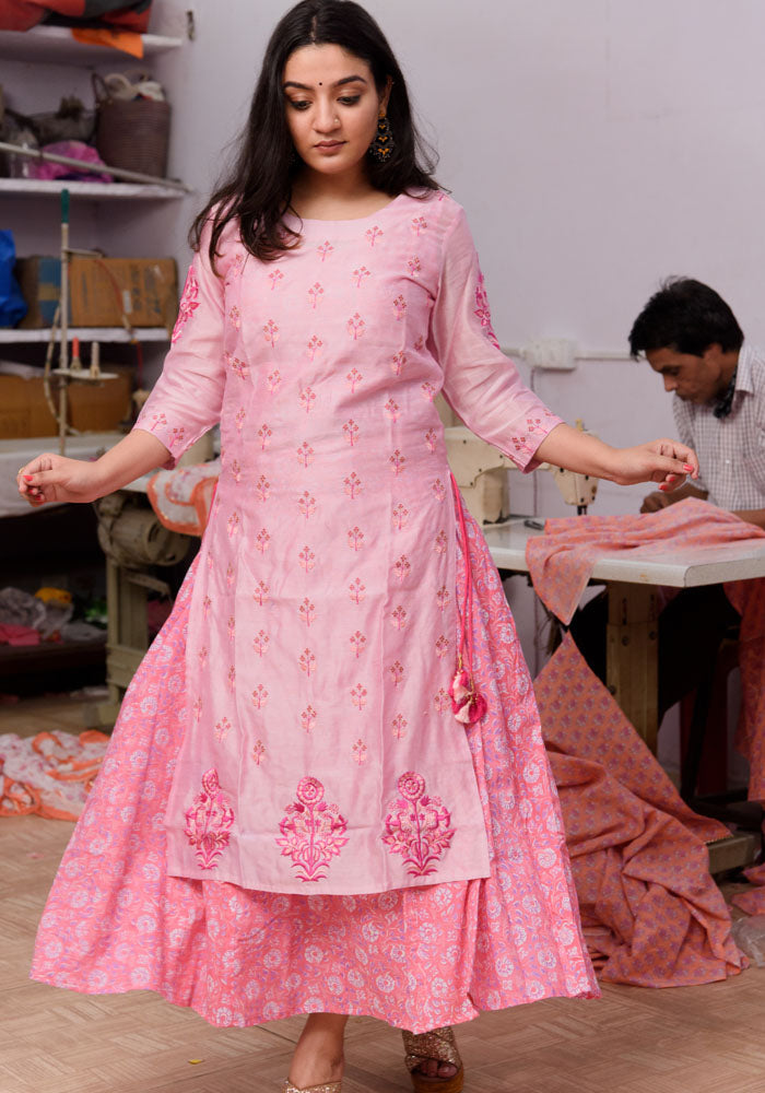 Chanderi Silk Embroidery kurta with Cotton Printed Inner