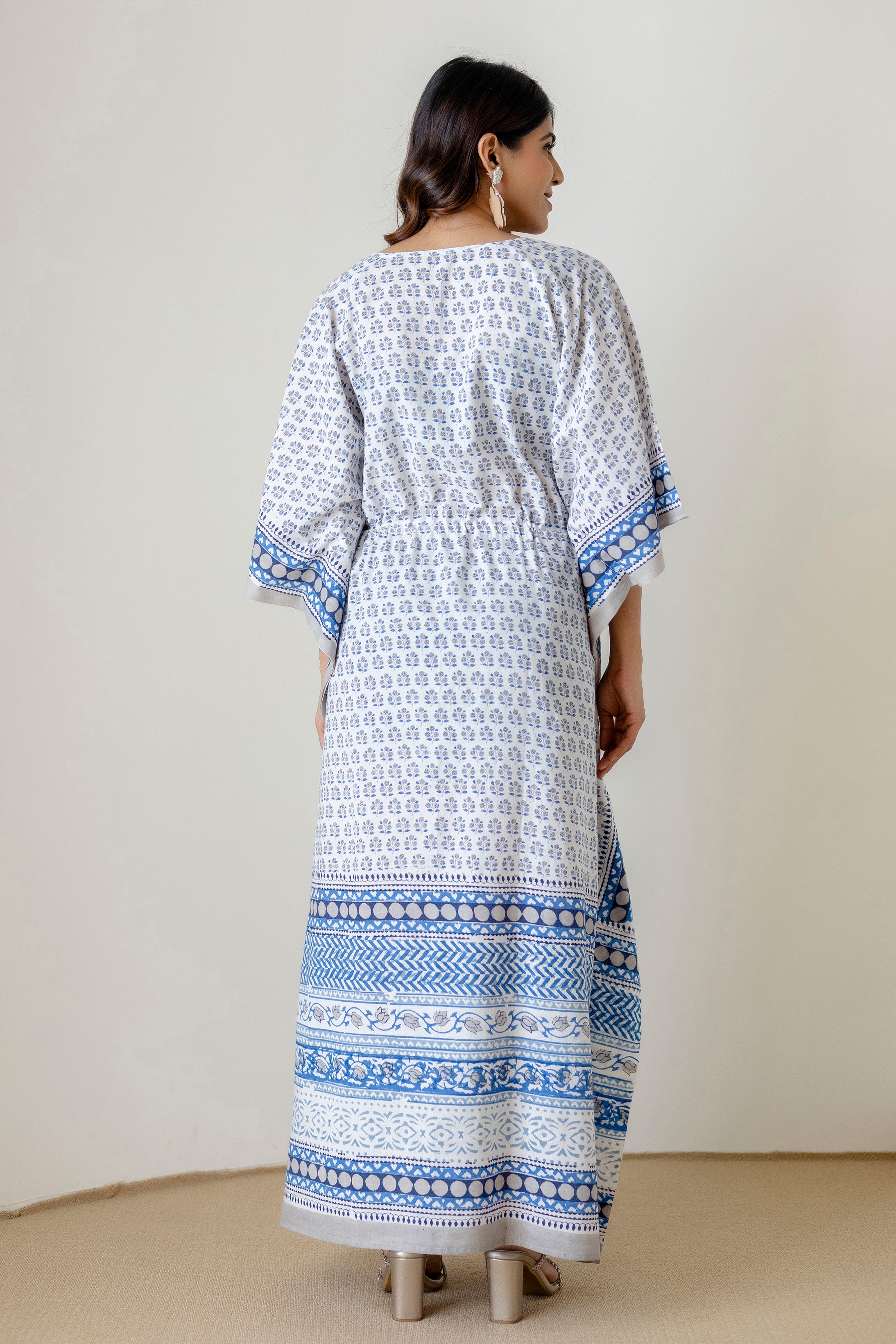 Block Print Cotton Kaftan with Adjustable Drawstring Waist