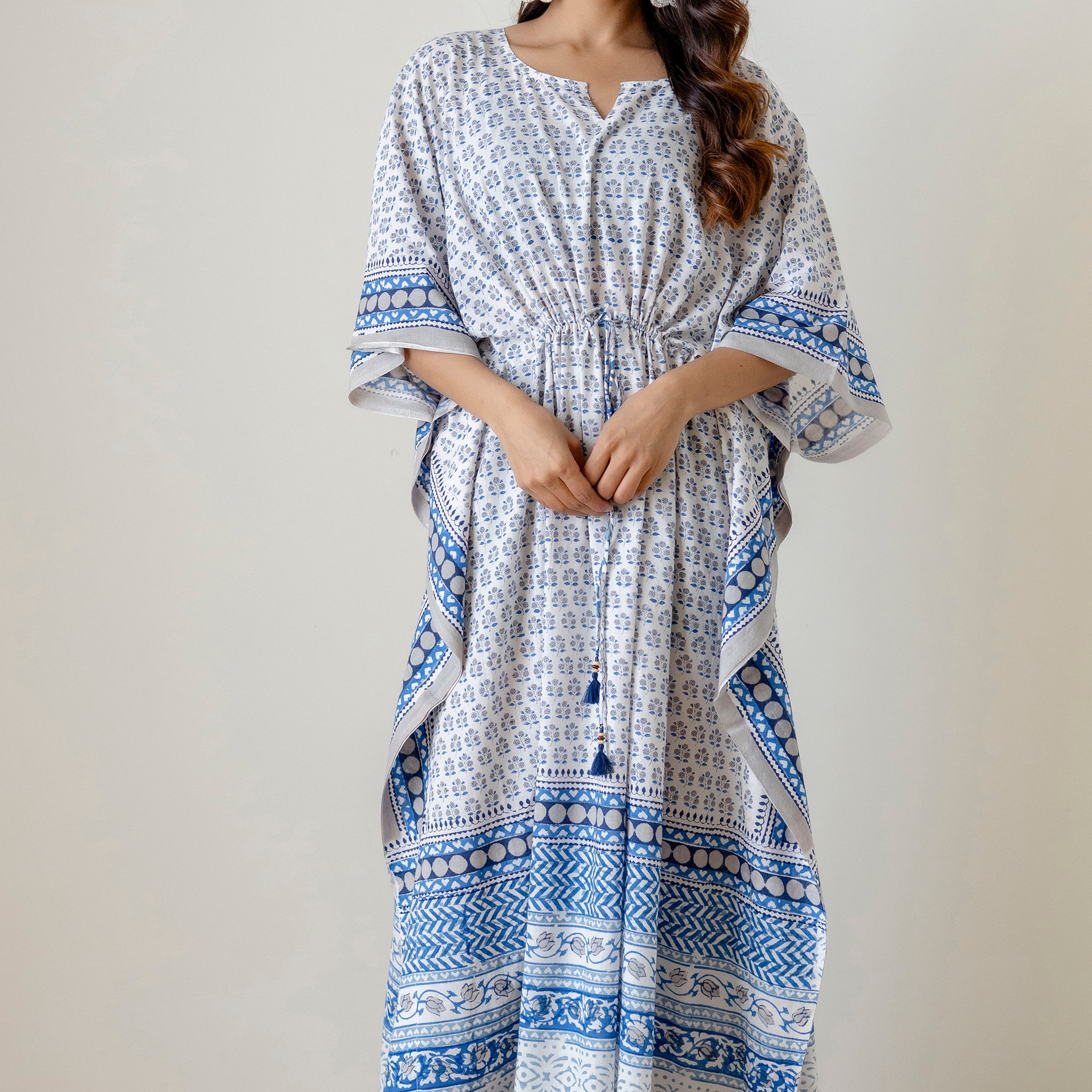Block Print Cotton Kaftan with Adjustable Drawstring Waist