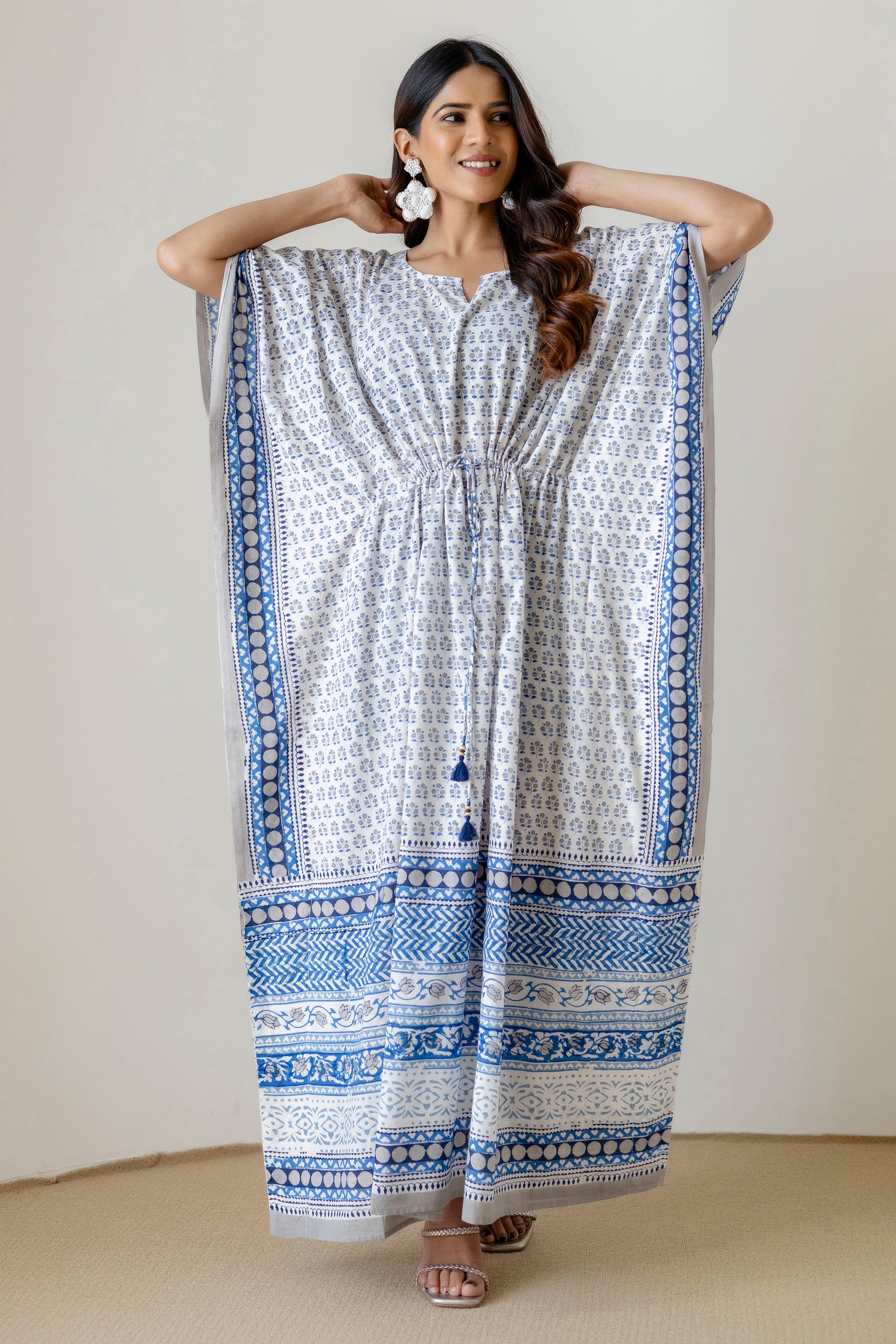 Block Print Cotton Kaftan with Adjustable Drawstring Waist
