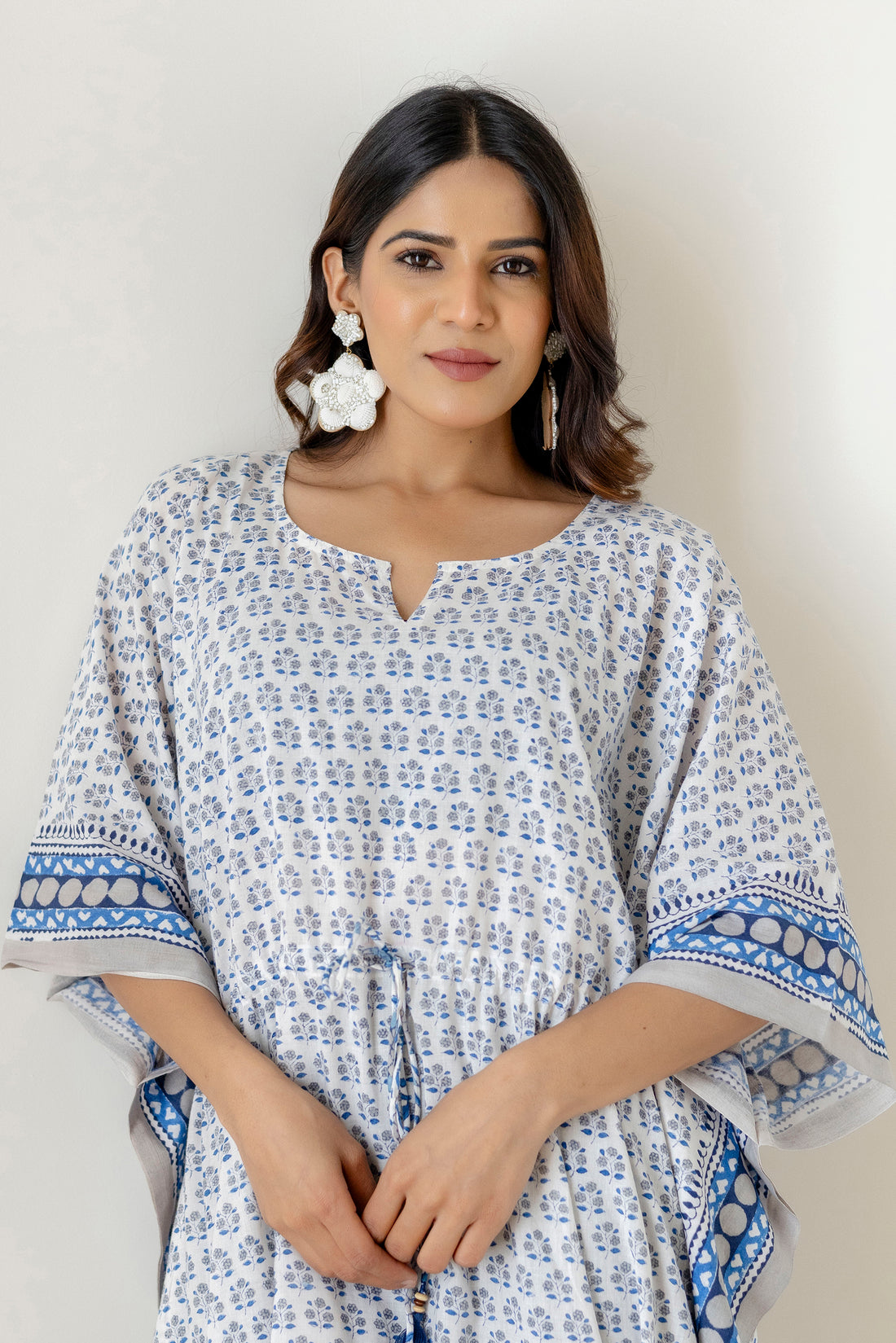 Block Print Cotton Kaftan with Adjustable Drawstring Waist