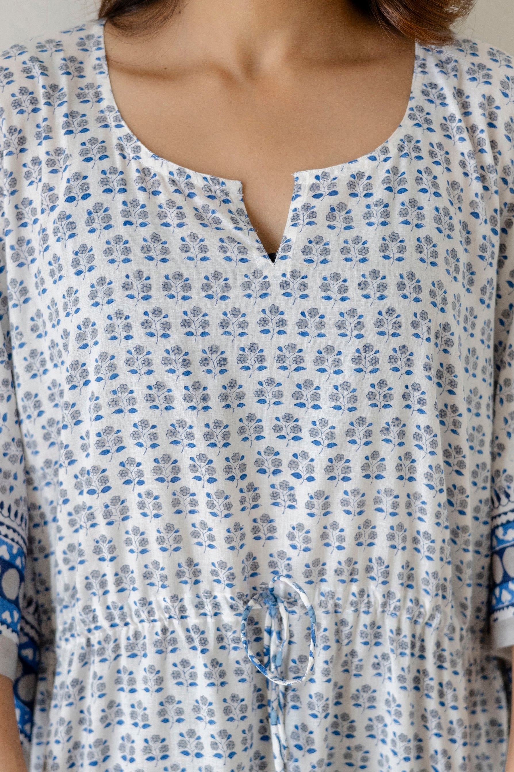 Block Print Cotton Kaftan with Adjustable Drawstring Waist