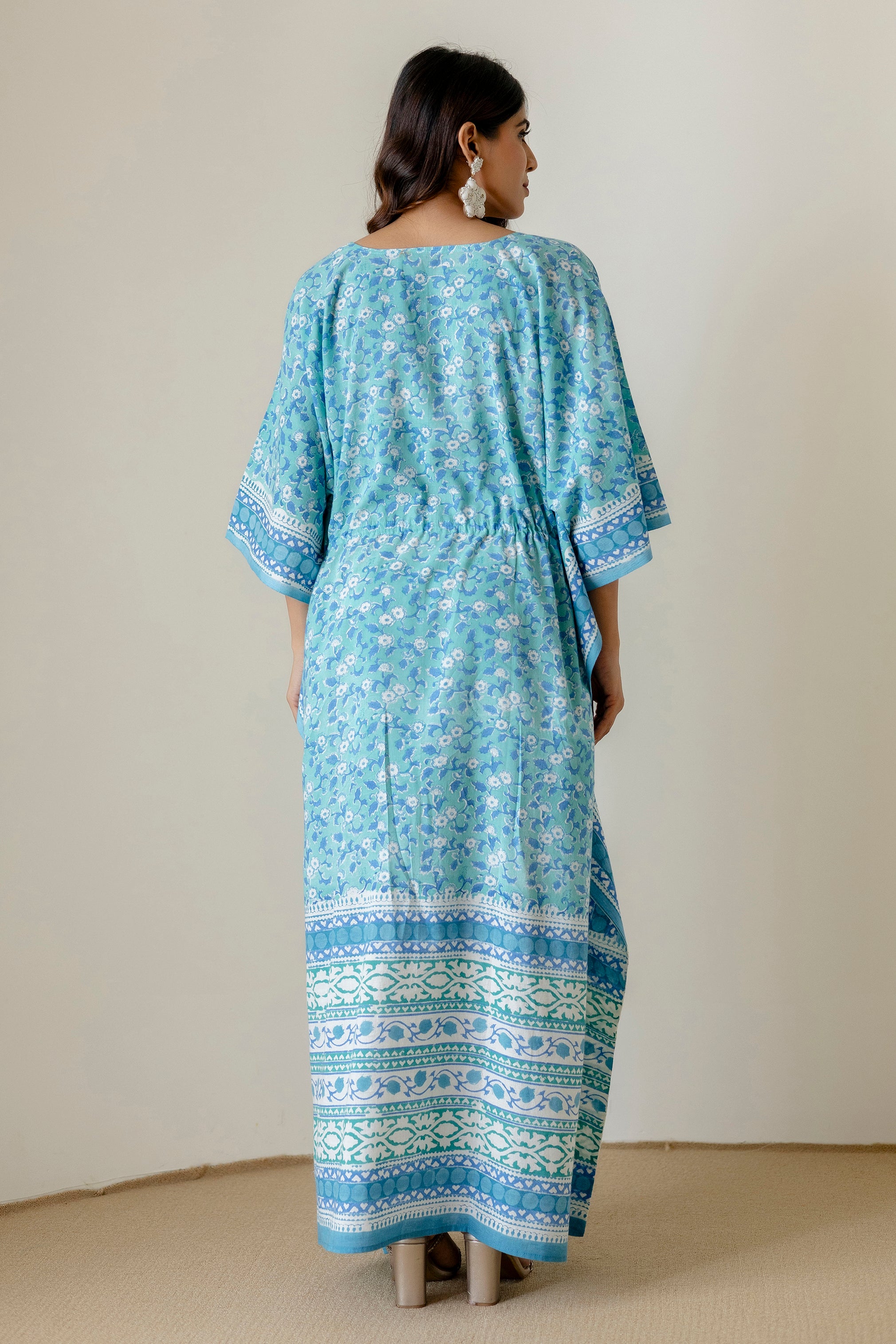 Block Print Cotton Kaftan with Adjustable Drawstring Waist