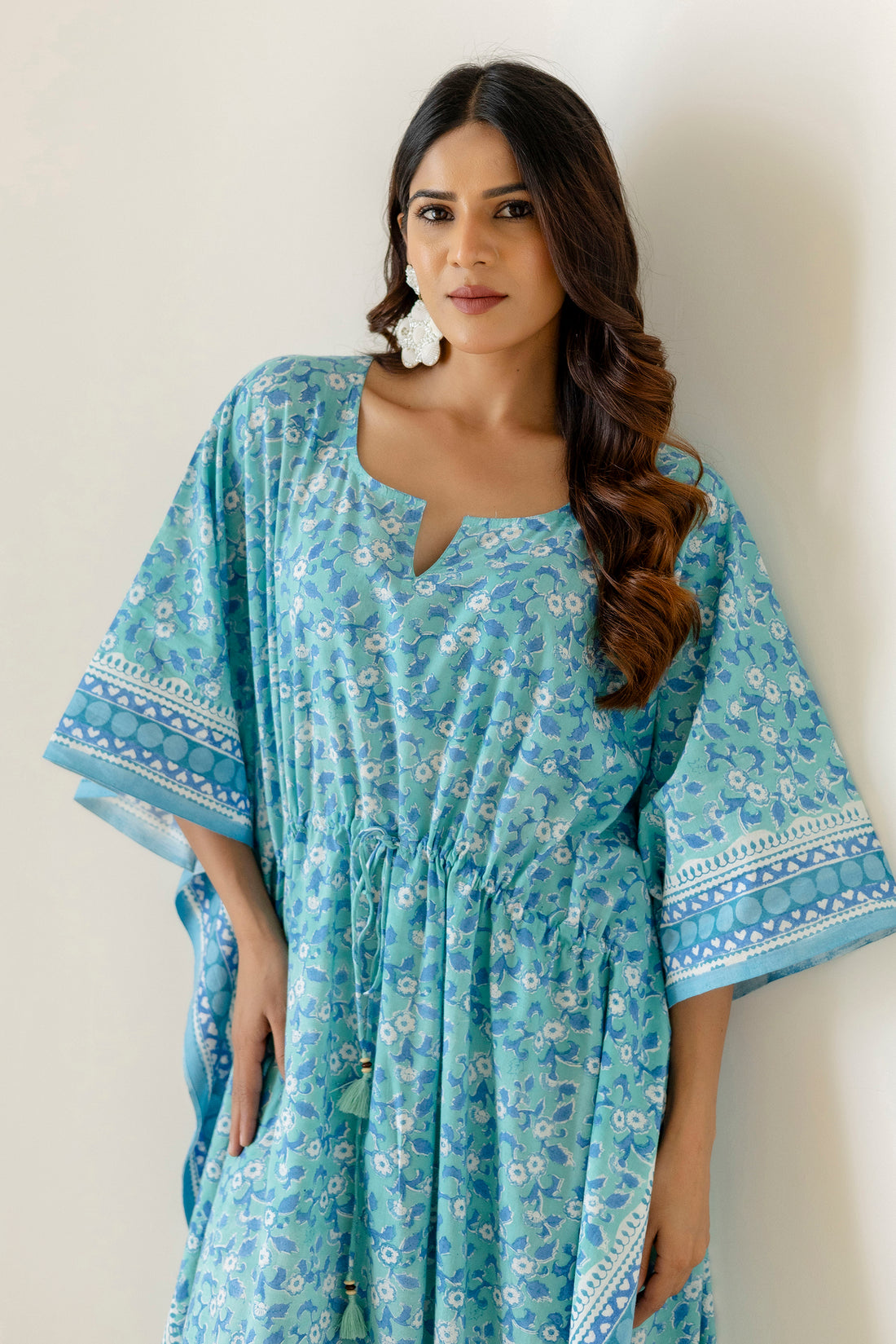 Block Print Cotton Kaftan with Adjustable Drawstring Waist