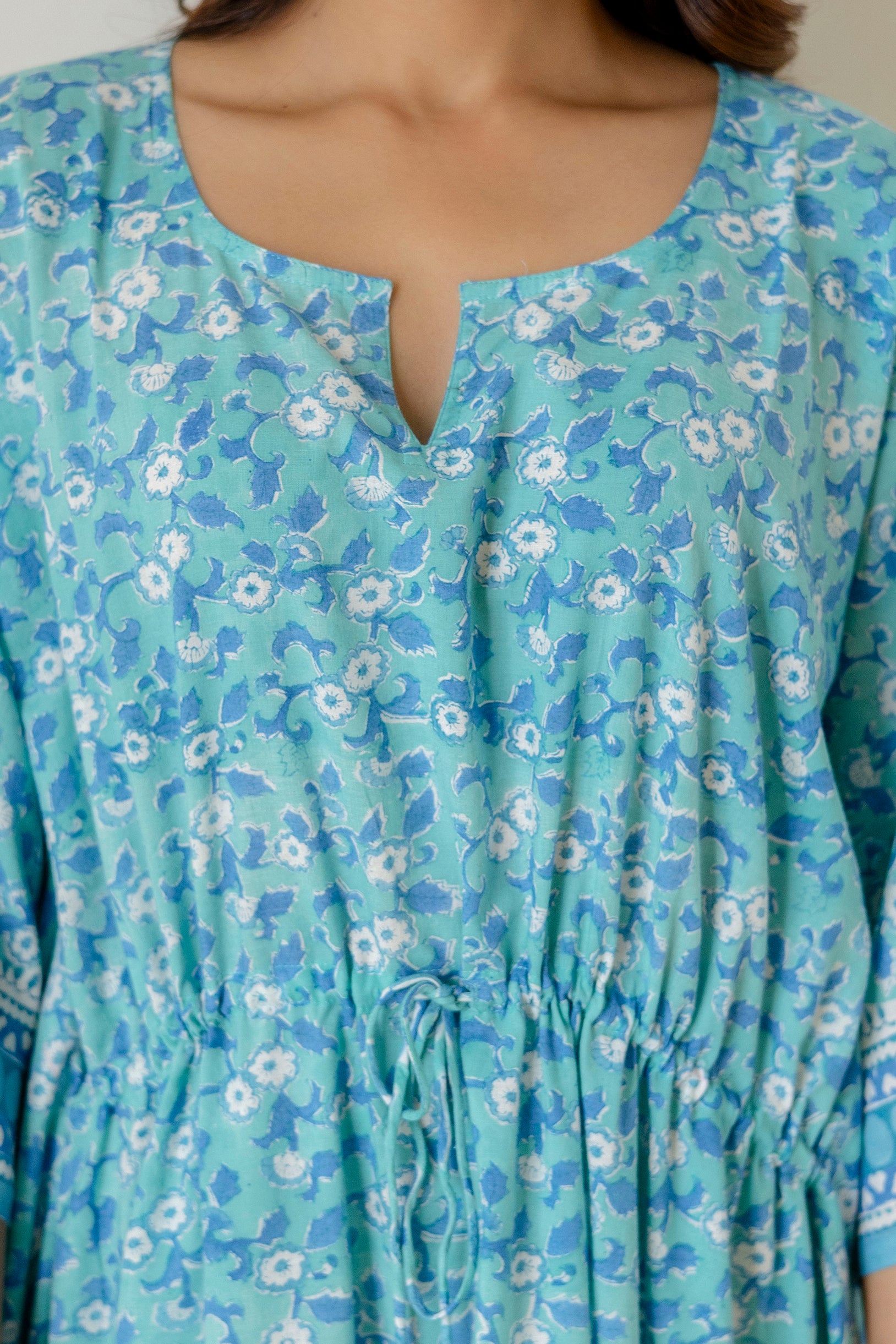 Block Print Cotton Kaftan with Adjustable Drawstring Waist
