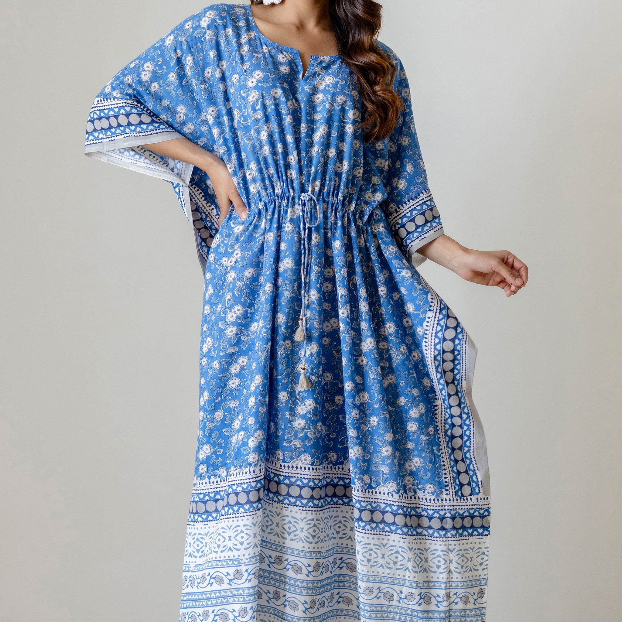 Block Print Cotton Kaftan with Adjustable Drawstring Waist