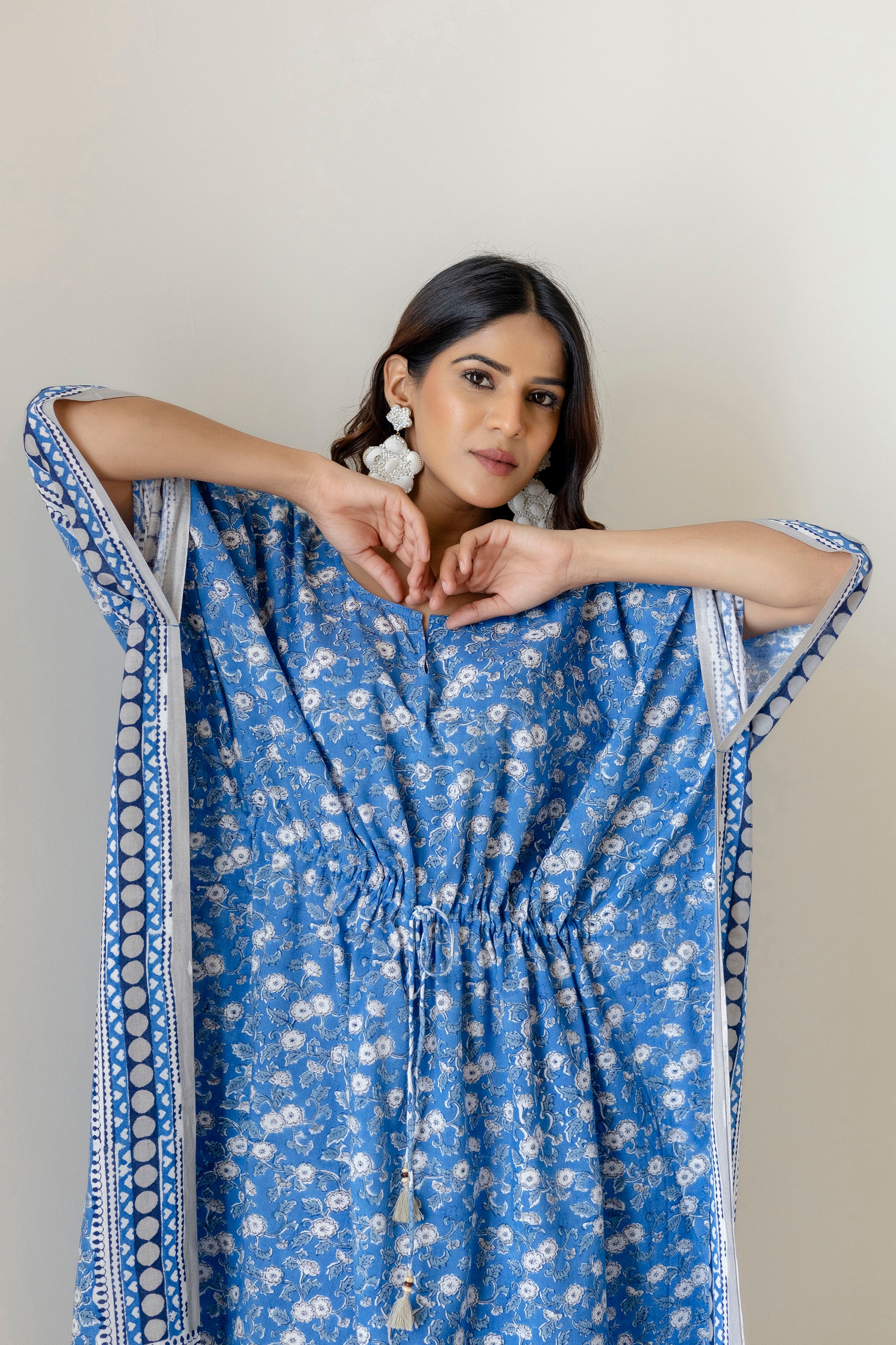 Block Print Cotton Kaftan with Adjustable Drawstring Waist