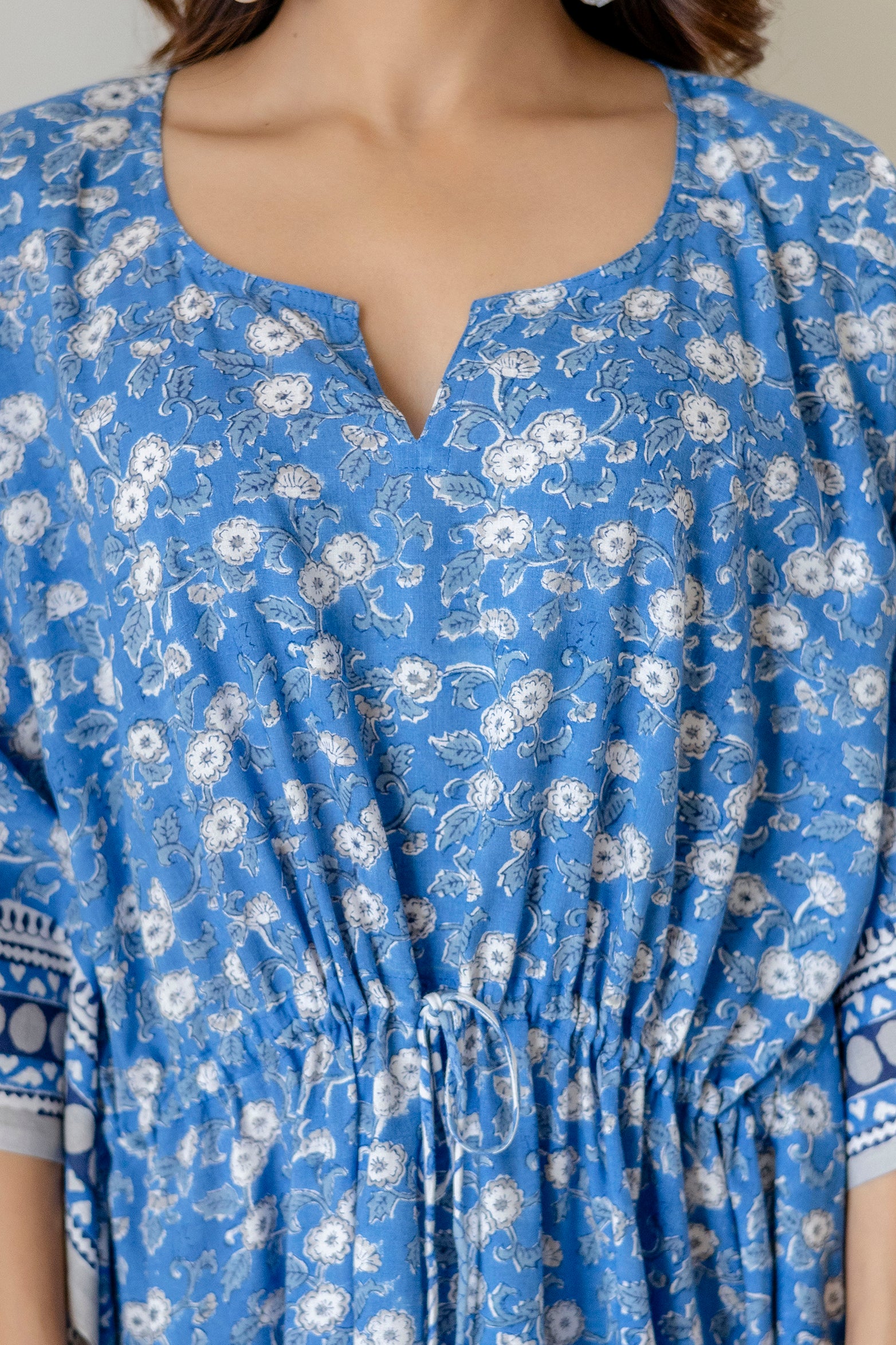 Block Print Cotton Kaftan with Adjustable Drawstring Waist