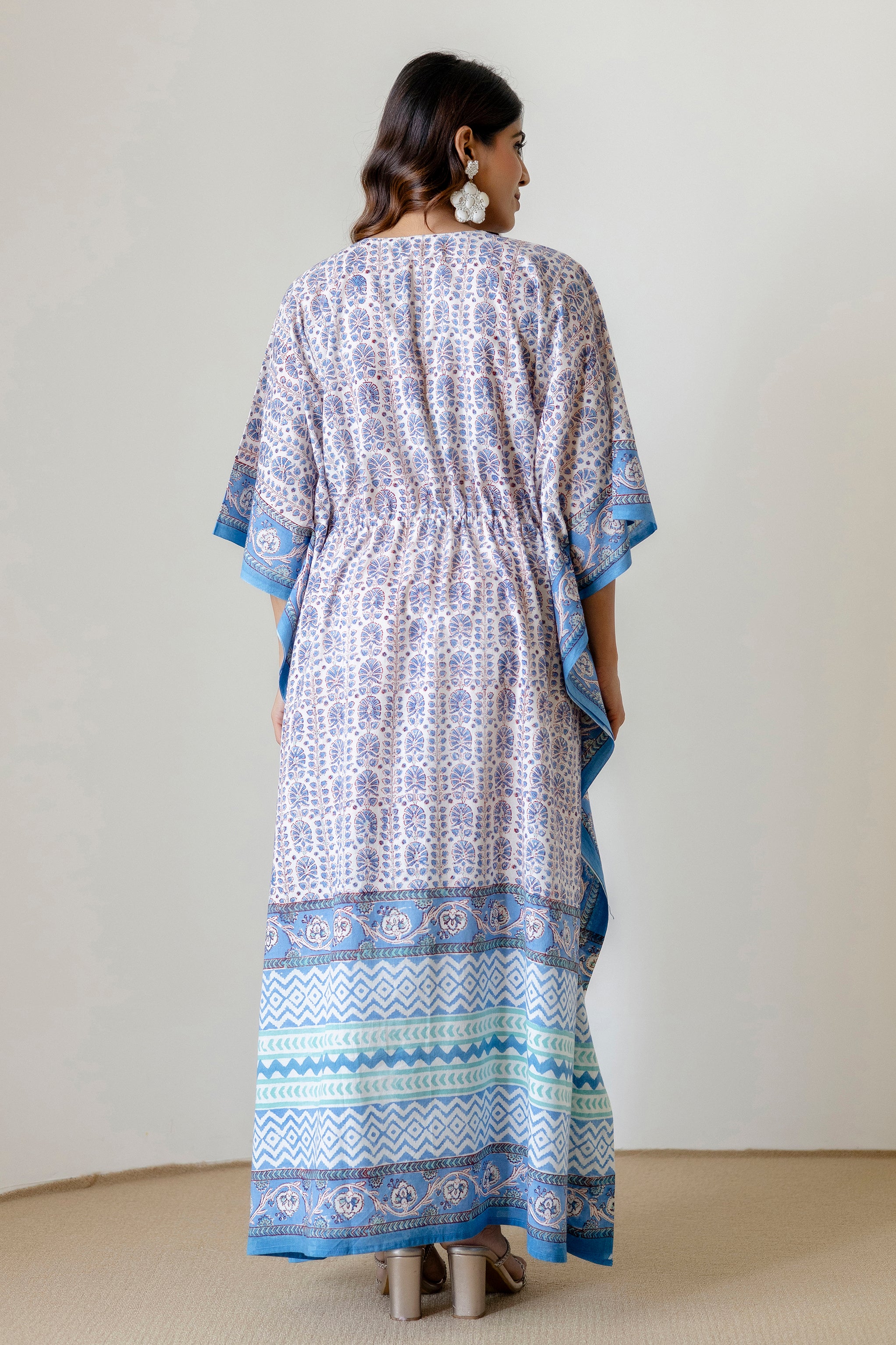 Block Print Cotton Kaftan with Adjustable Drawstring Waist