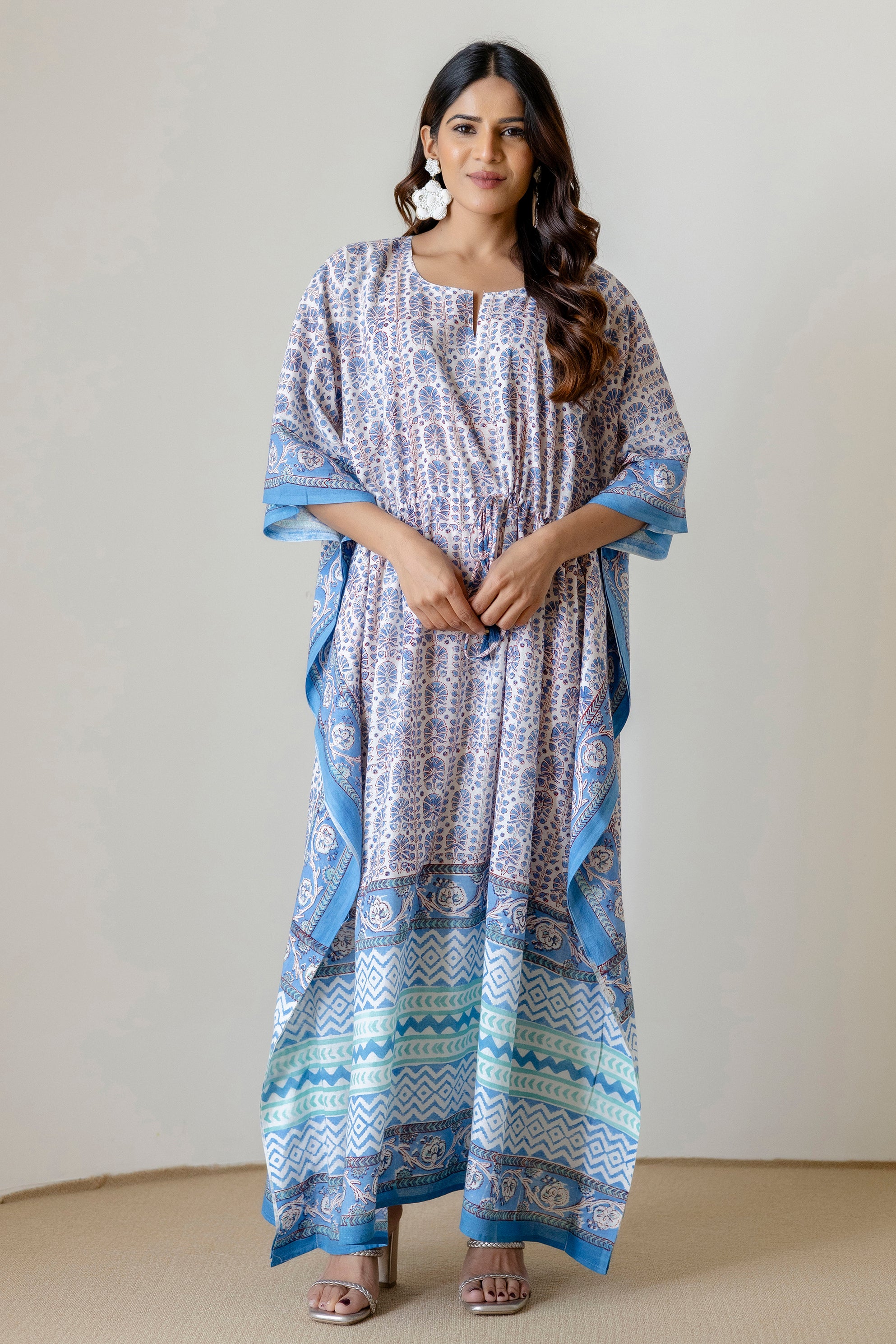 Block Print Cotton Kaftan with Adjustable Drawstring Waist