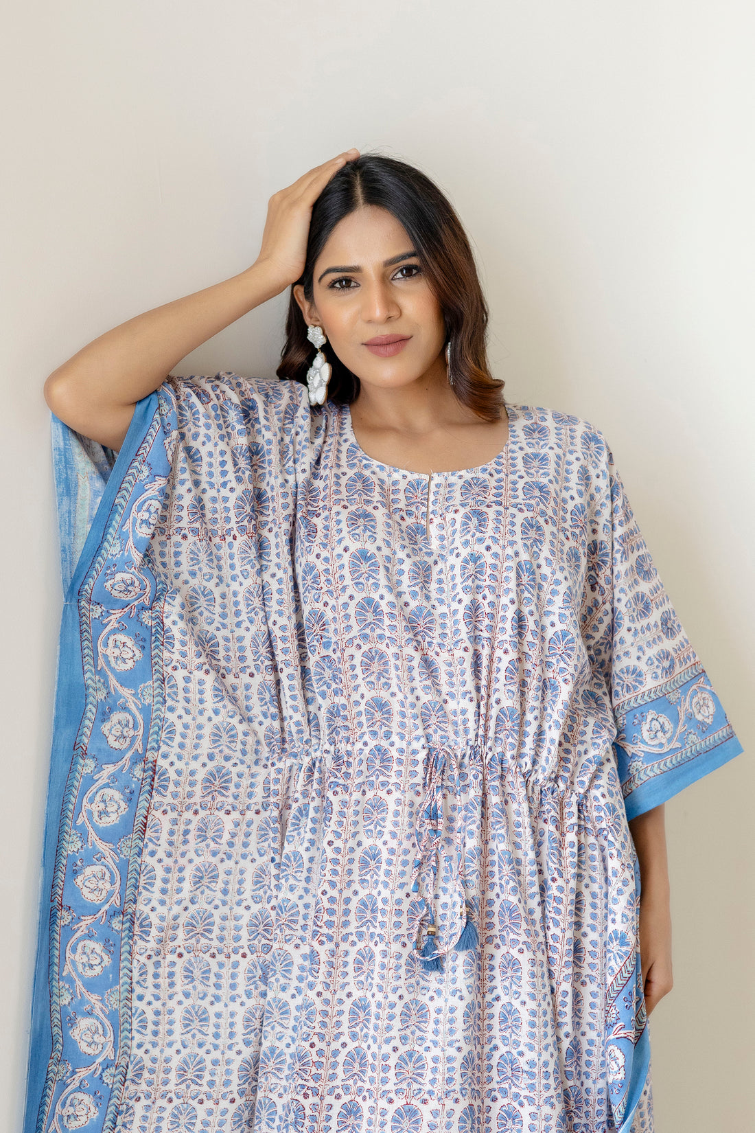 Block Print Cotton Kaftan with Adjustable Drawstring Waist