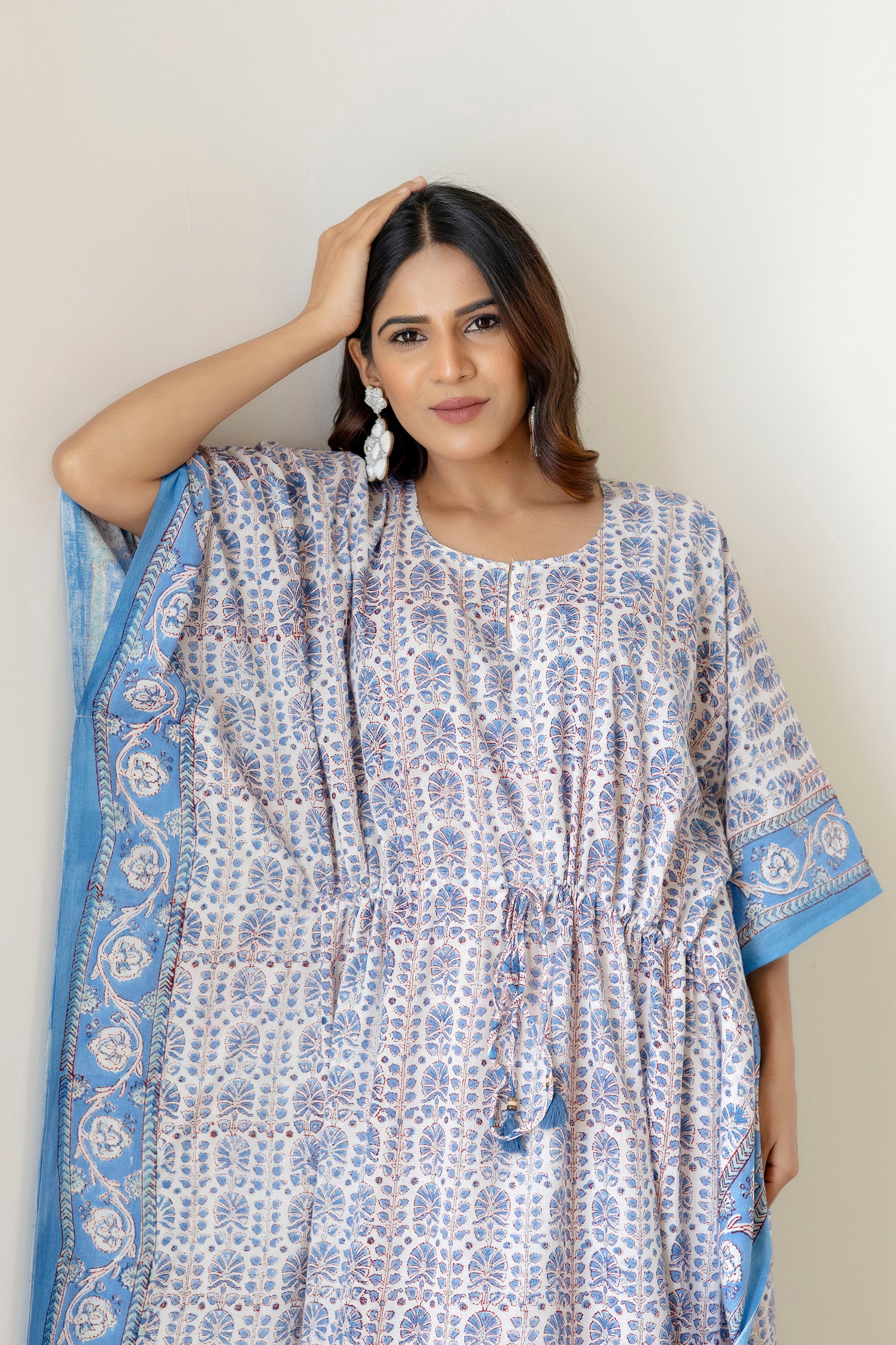 Block Print Cotton Kaftan with Adjustable Drawstring Waist