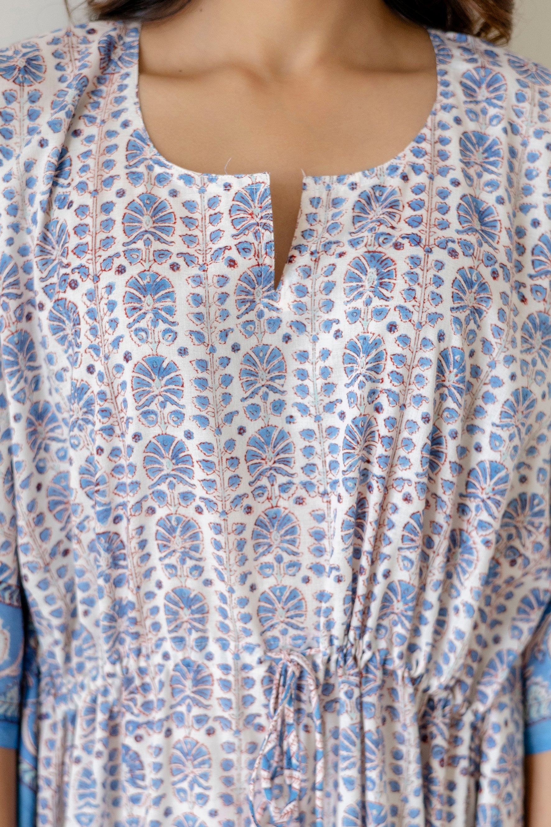 Block Print Cotton Kaftan with Adjustable Drawstring Waist