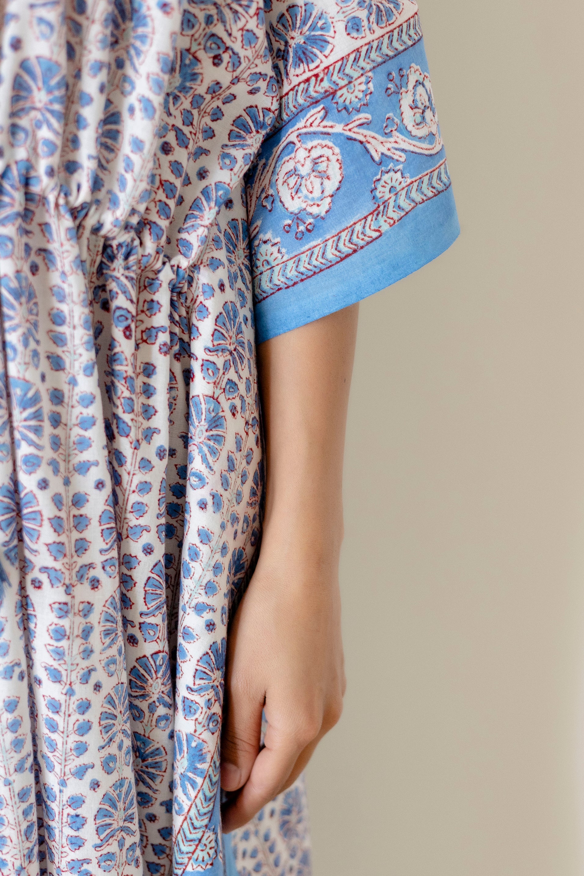 Block Print Cotton Kaftan with Adjustable Drawstring Waist