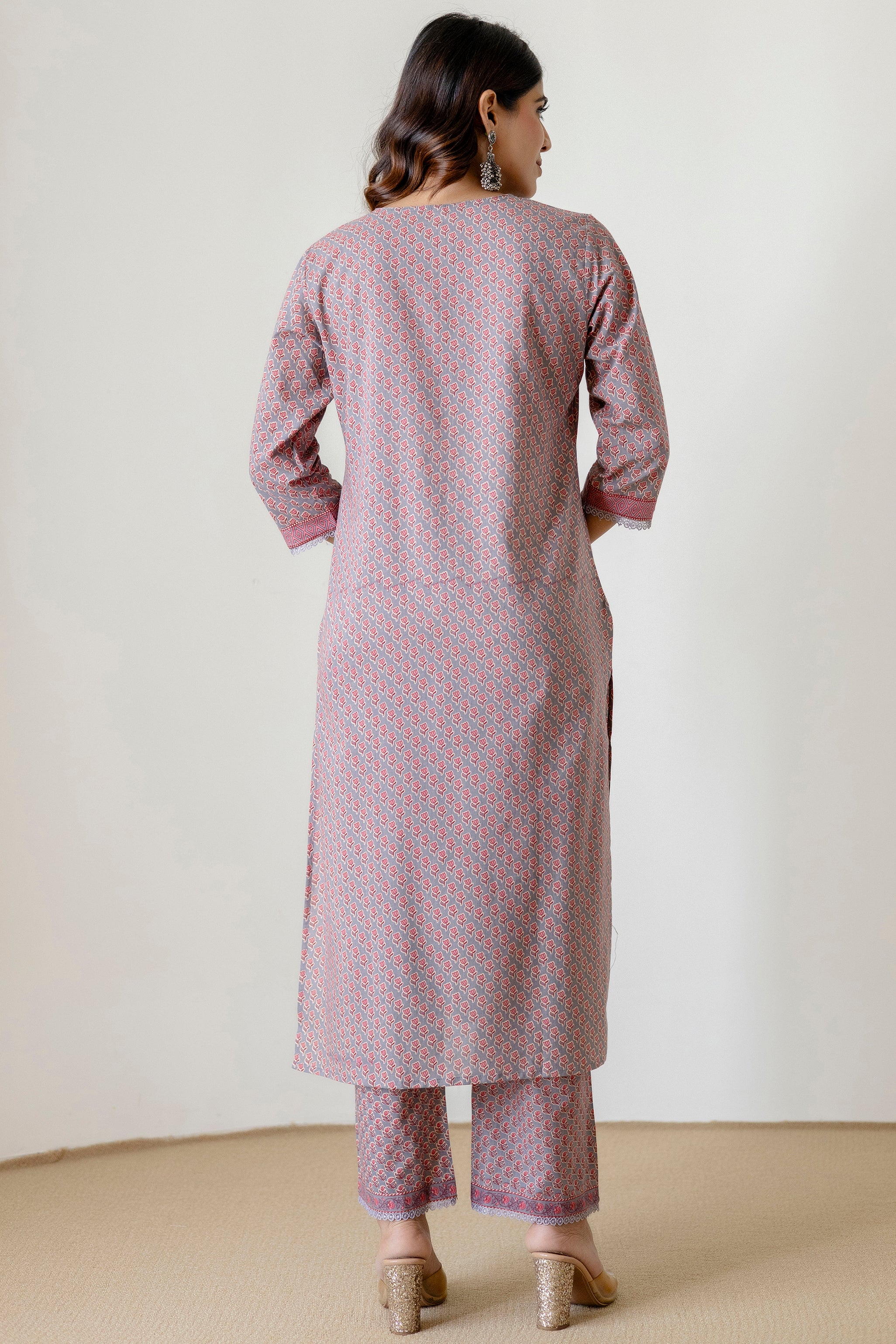 Grey Cotton Kurta Set with Printed mulmul Dupatta