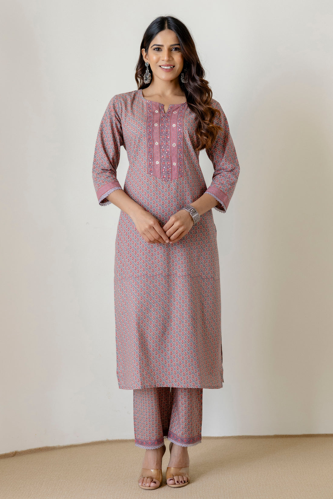 Grey Cotton Kurta Set with Printed mulmul Dupatta