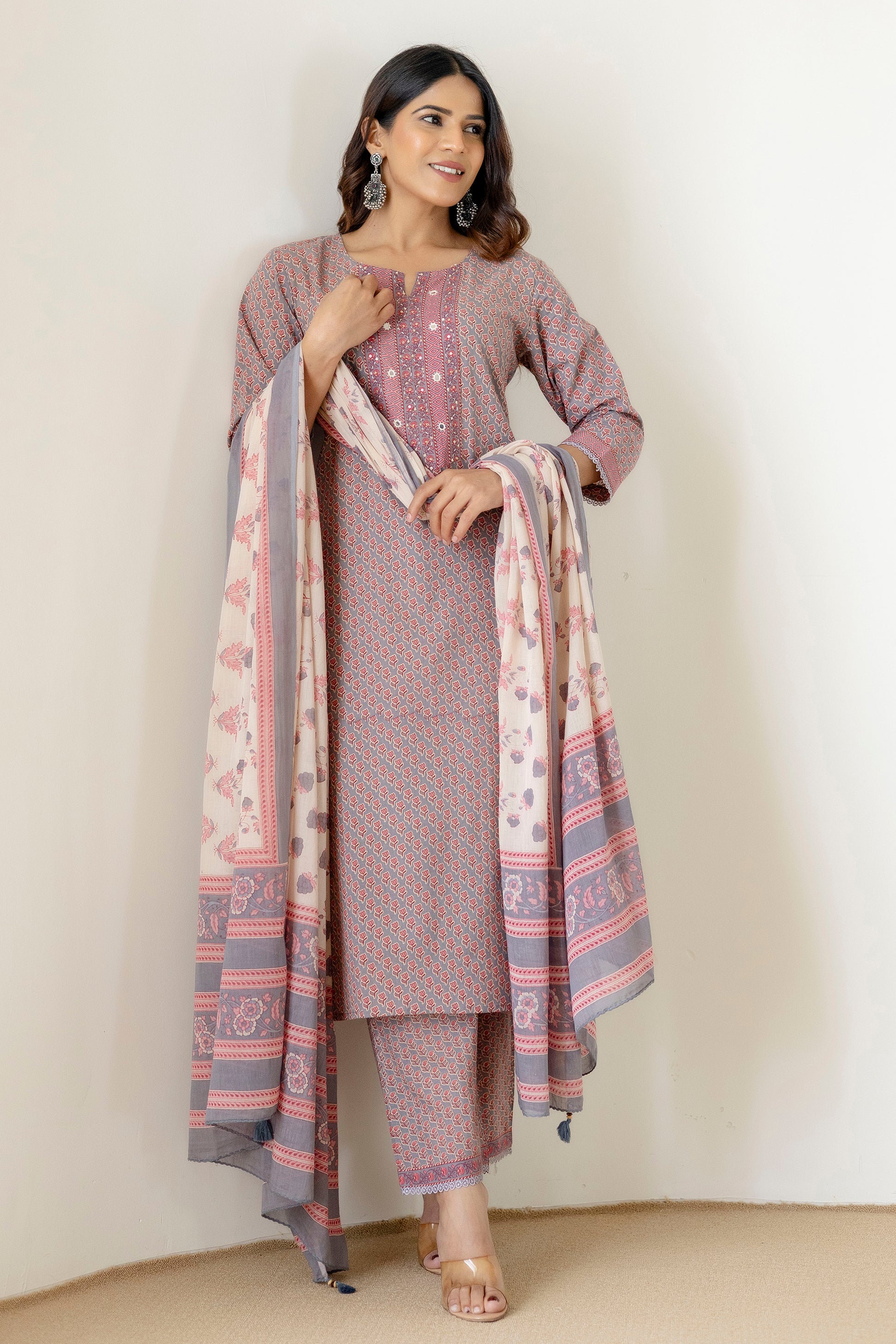Grey Cotton Kurta Set with Printed mulmul Dupatta