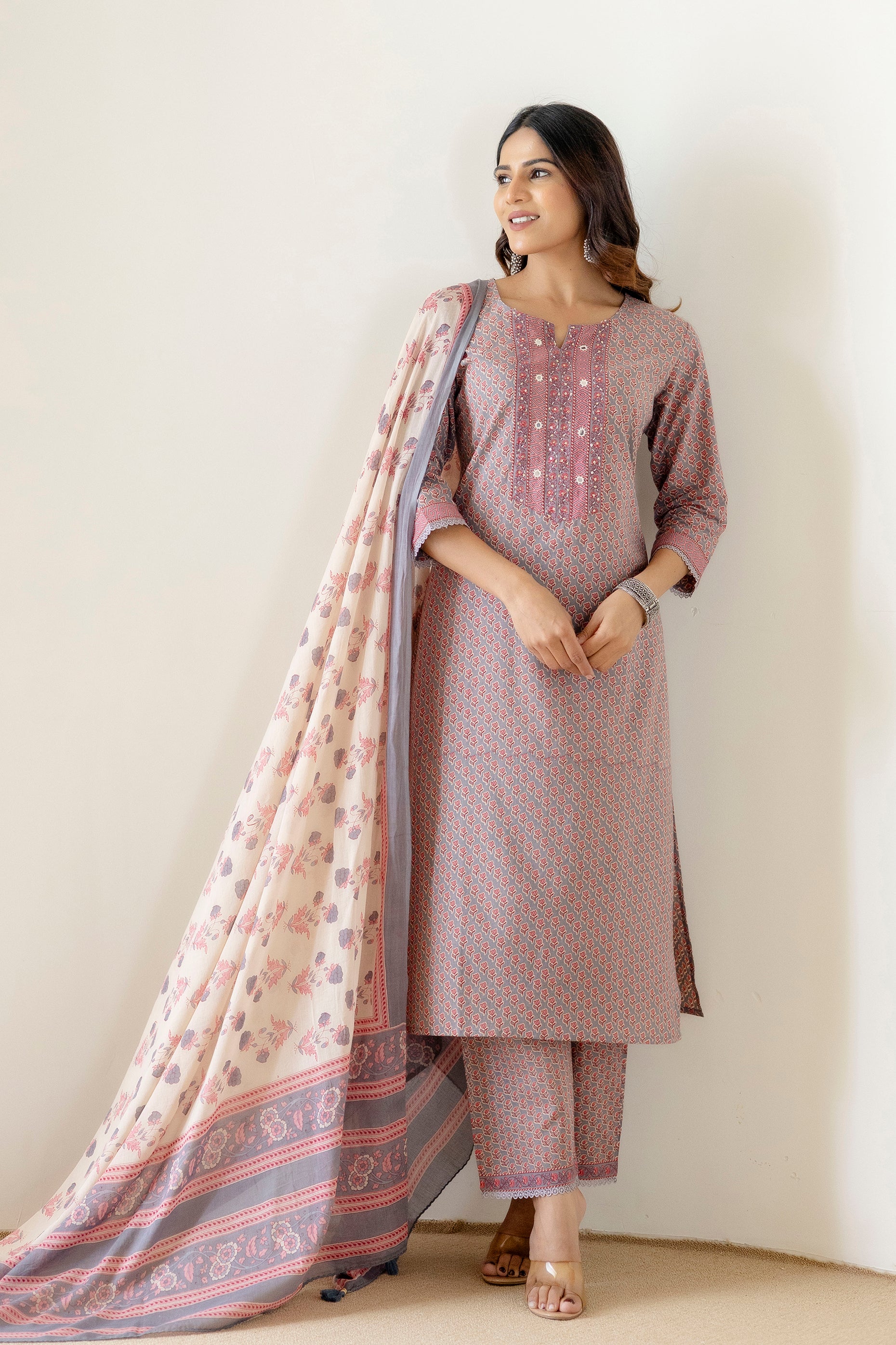 Grey Cotton Kurta Set with Printed mulmul Dupatta