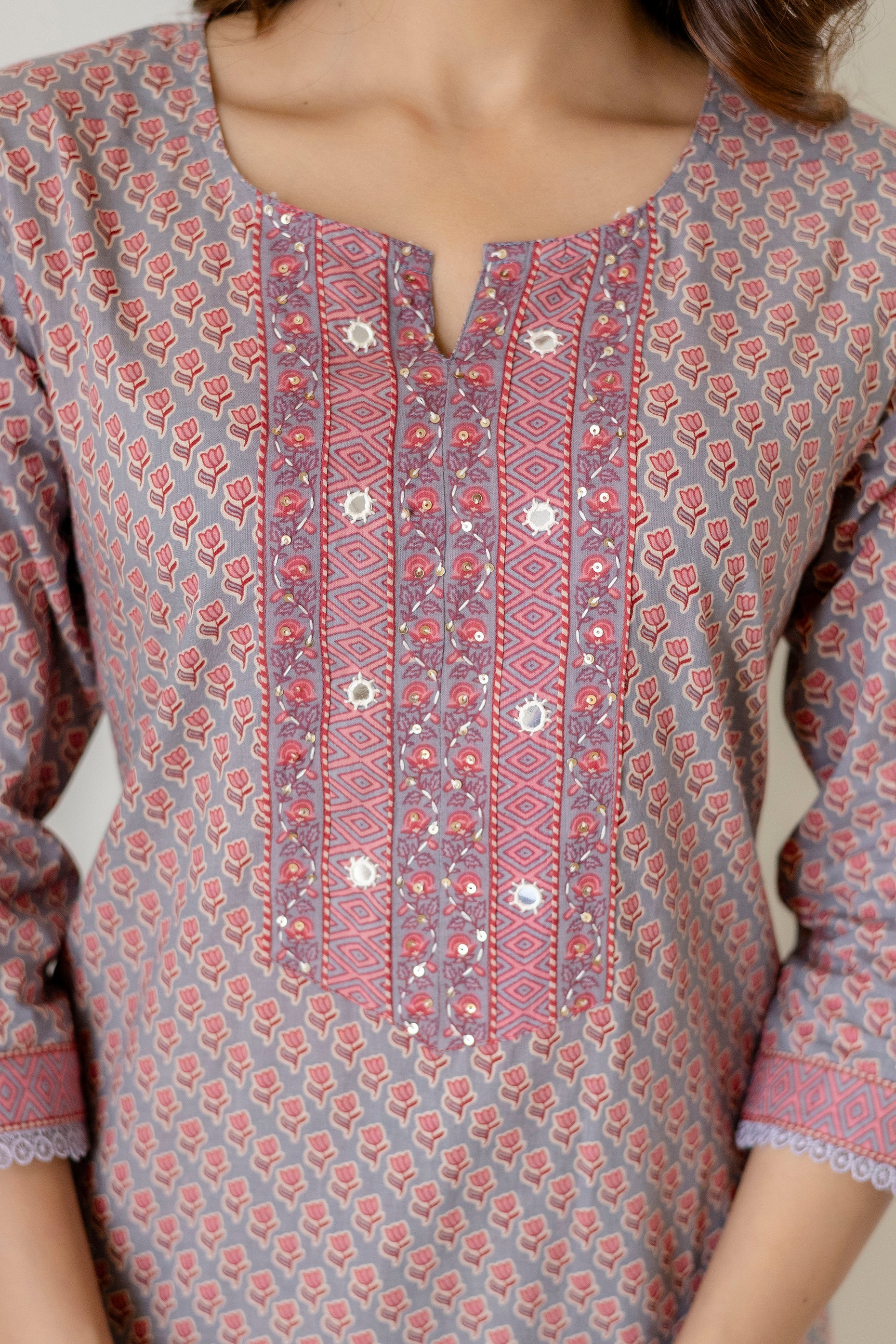 Grey Cotton Kurta Set with Printed mulmul Dupatta