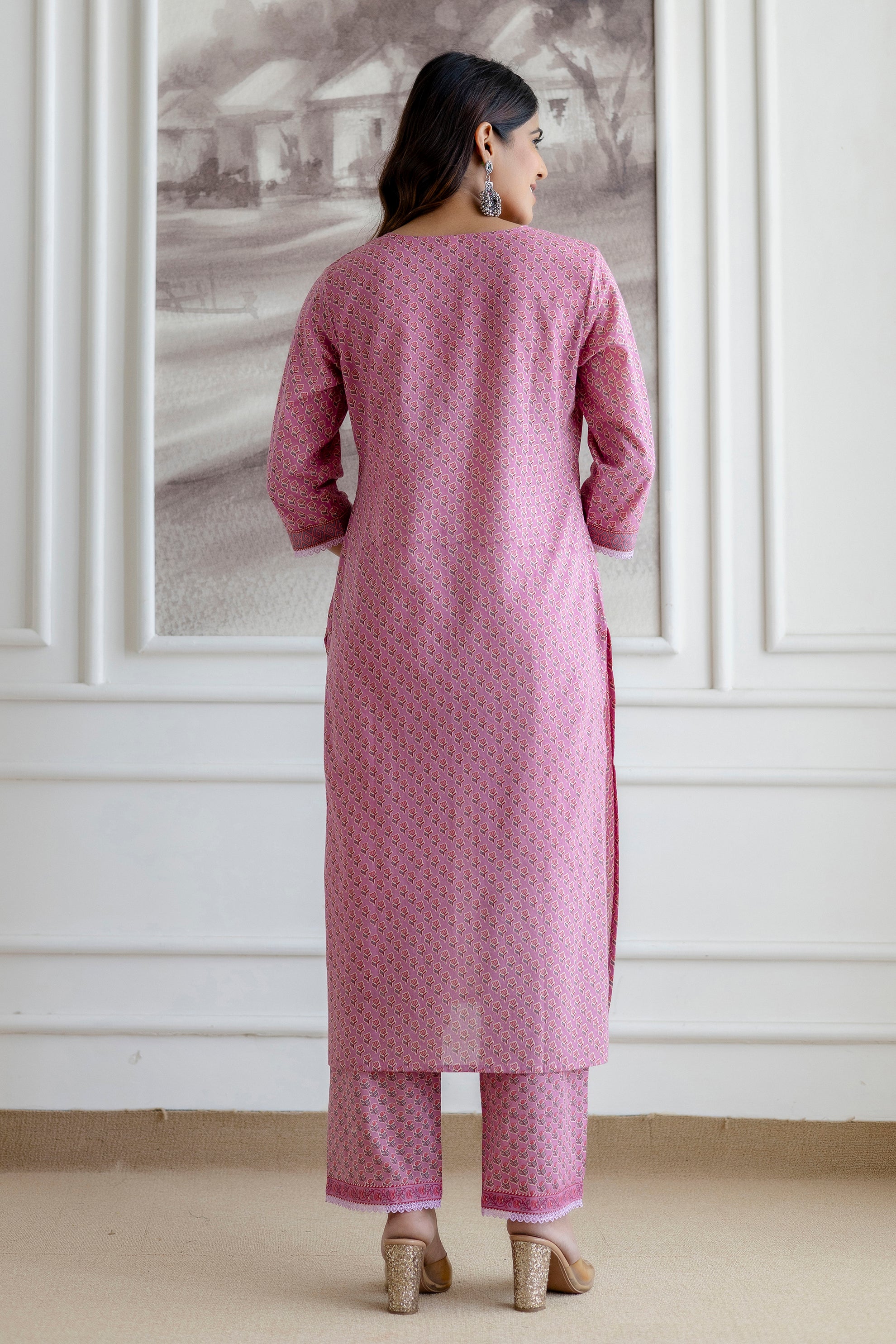 Pink Cotton Kurta Set with Printed mulmul Dupatta