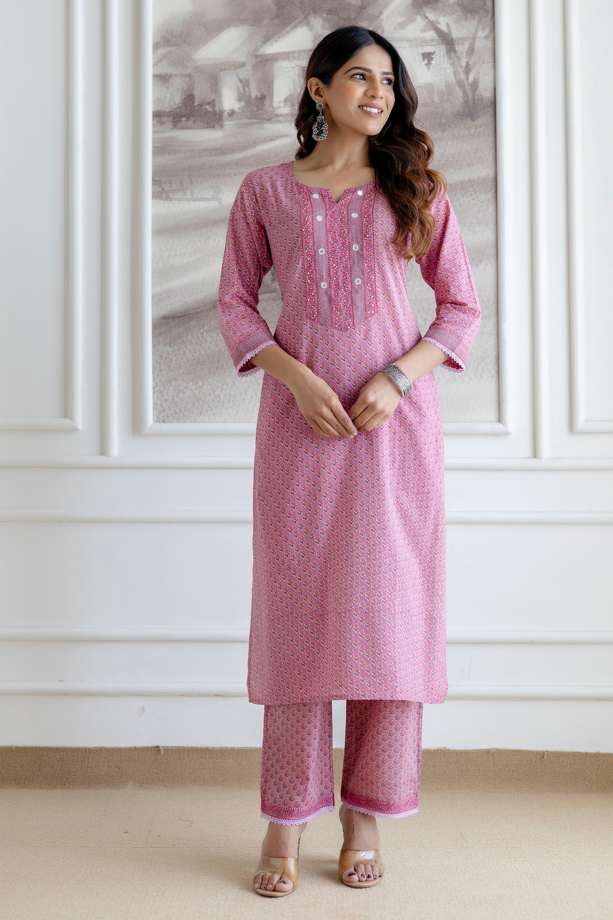 Pink Cotton Kurta Set with Printed mulmul Dupatta
