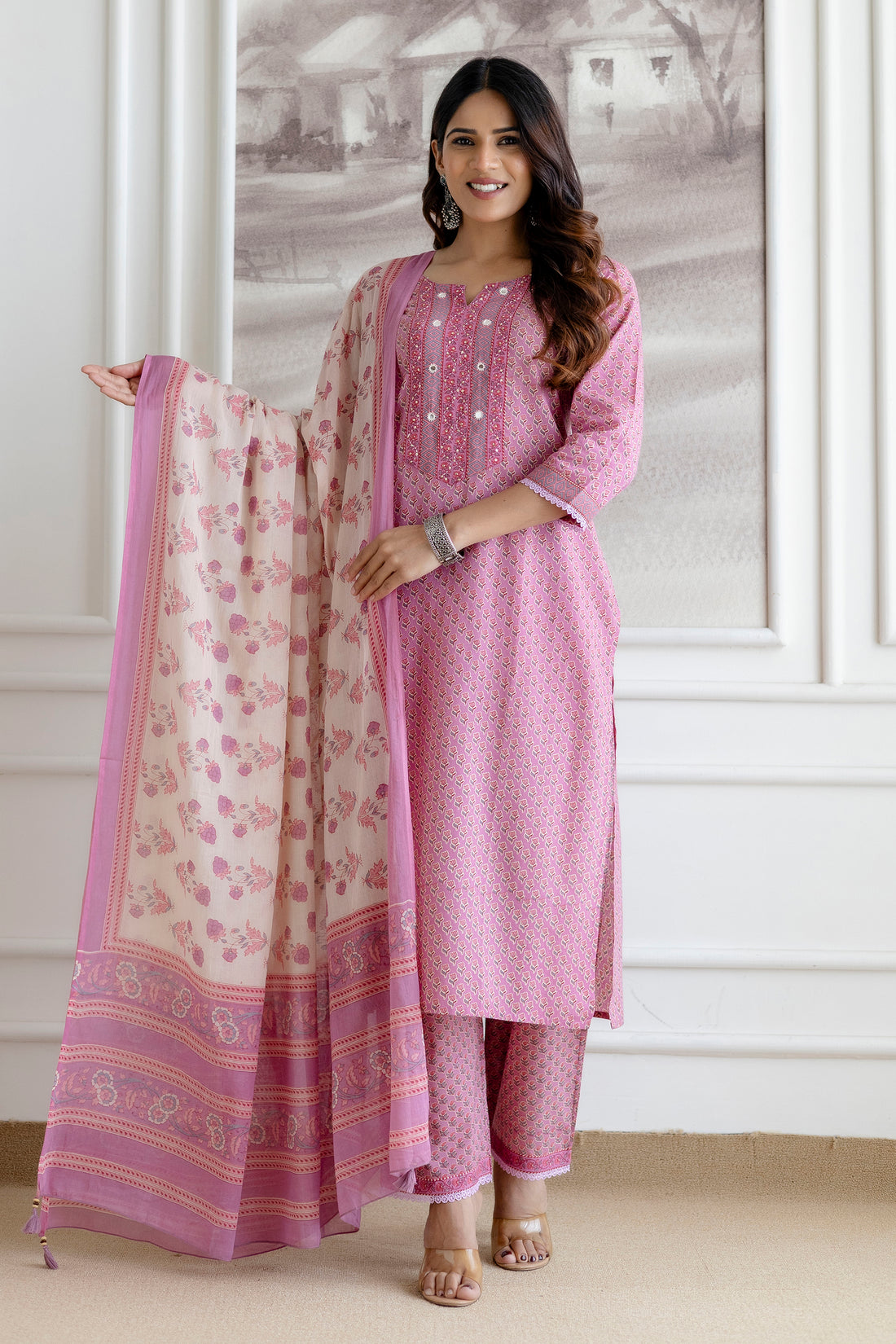 Pink Cotton Kurta Set with Printed mulmul Dupatta