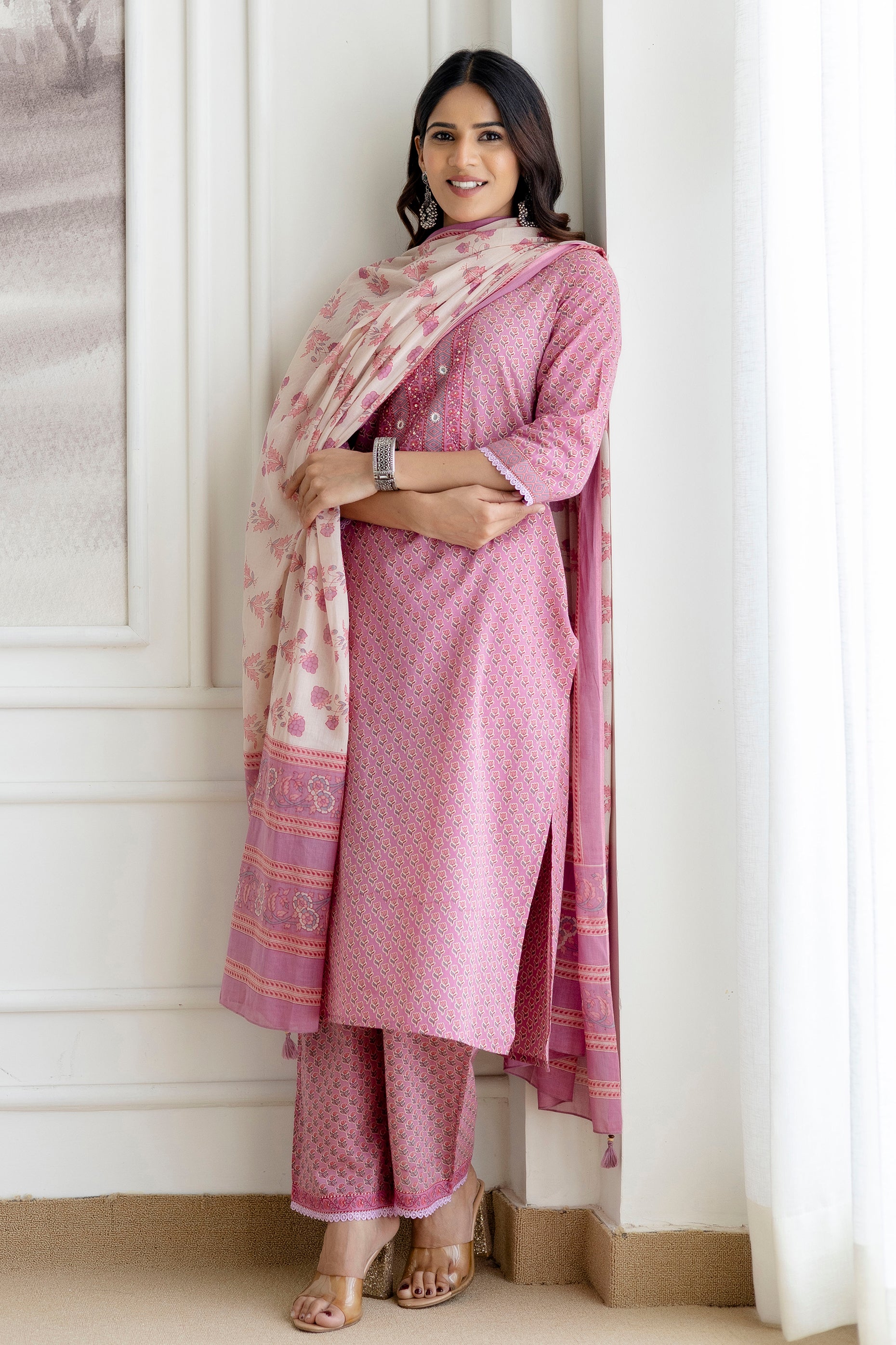 Pink Cotton Kurta Set with Printed mulmul Dupatta