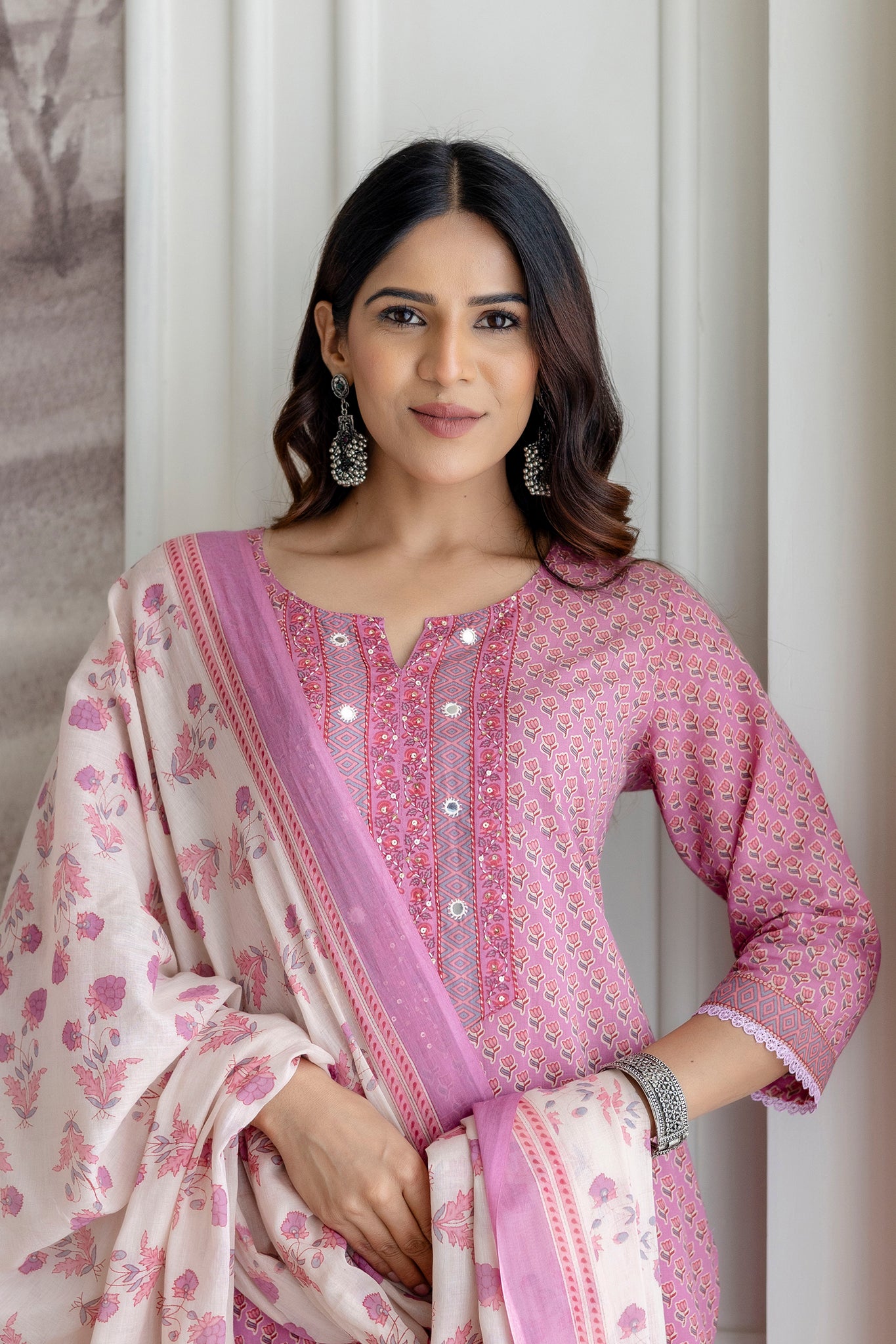 Pink Cotton Kurta Set with Printed mulmul Dupatta
