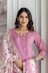 Pink Cotton Kurta Set with Printed mulmul Dupatta