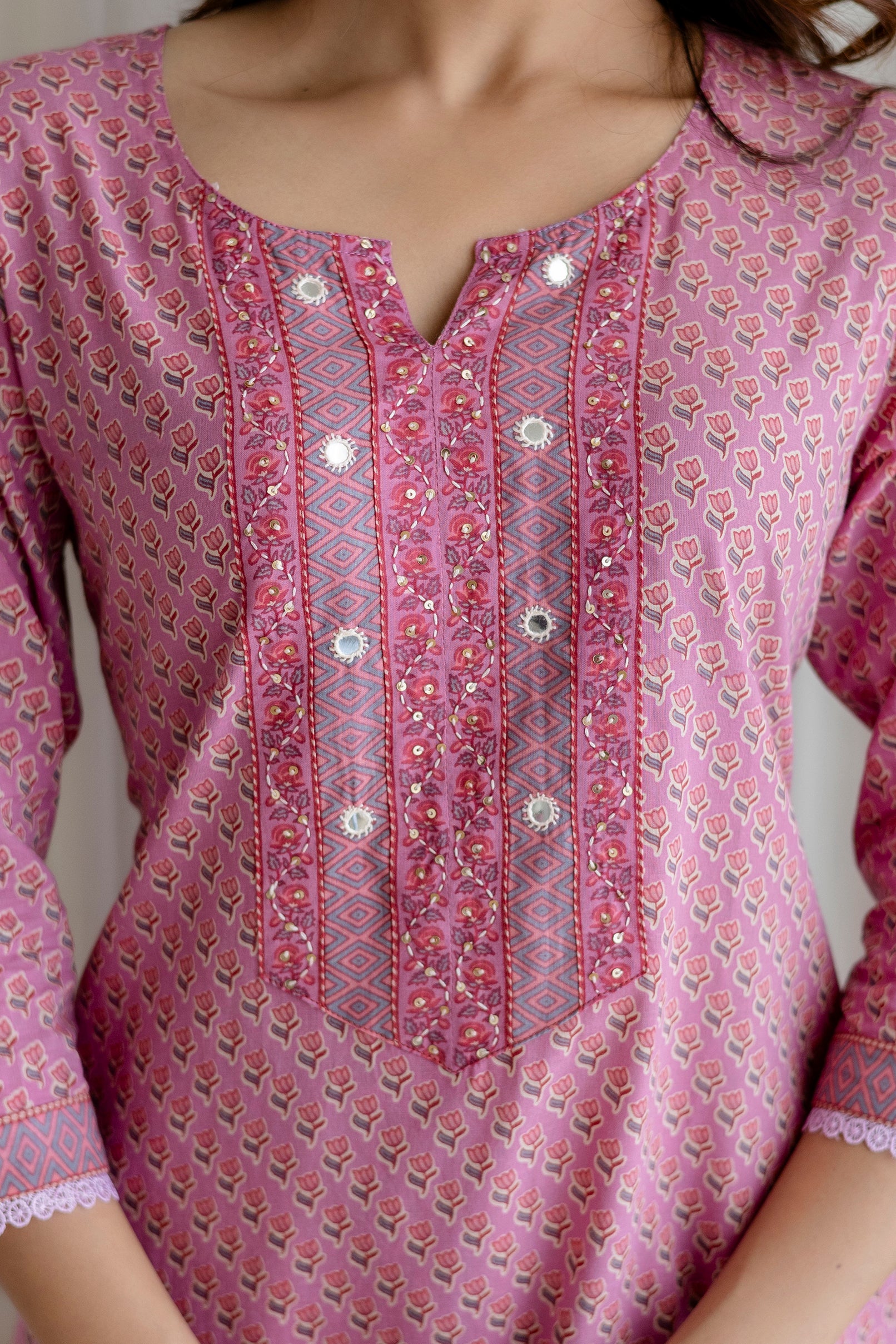 Pink Cotton Kurta Set with Printed mulmul Dupatta