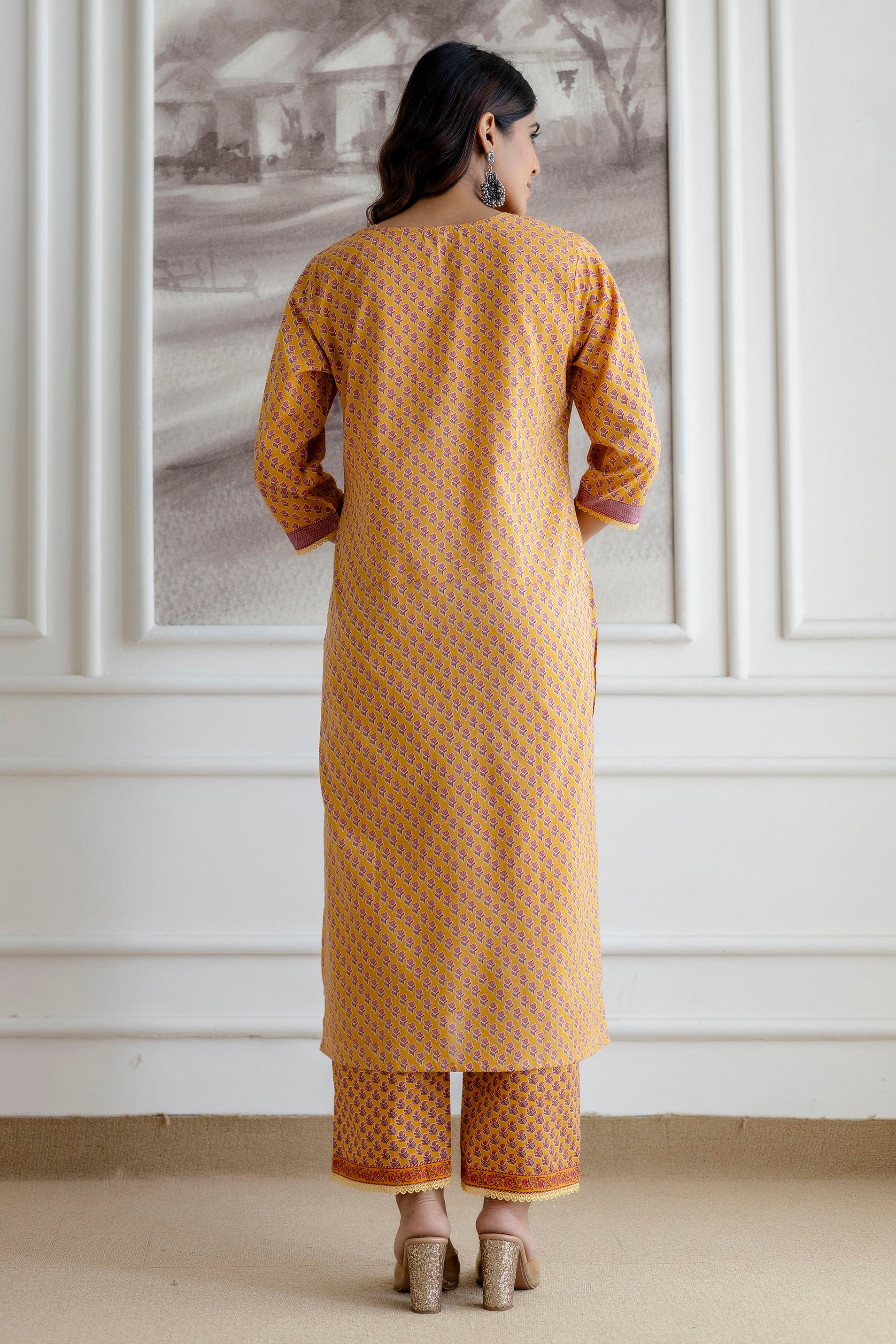 Mustard Cotton Kurta Set with Printed mulmul Dupatta