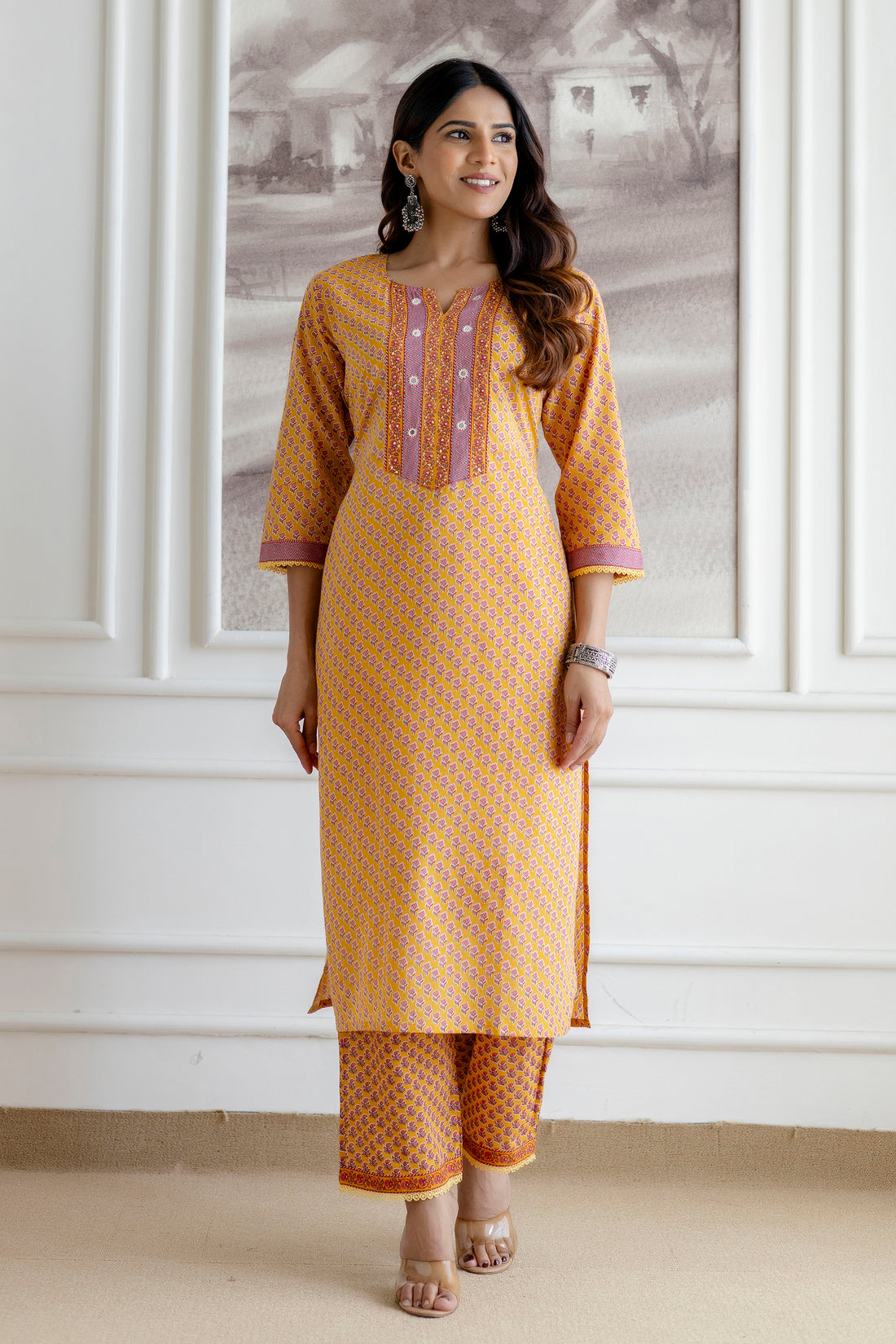 Mustard Cotton Kurta Set with Printed mulmul Dupatta